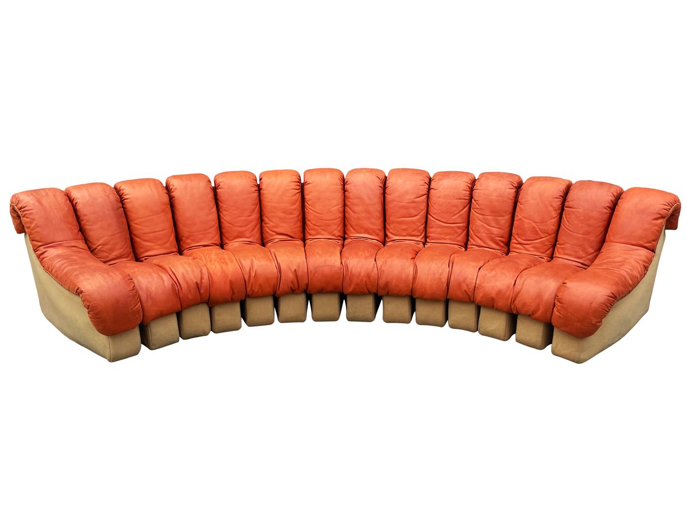 Mid-Century Modern De Sede 600 Nonstop Curved Leather Sectional Sofa in Cognac 2