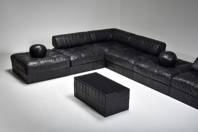 Sectional Patchwork Sofa, Black Leather Mid Century Modern Sectional