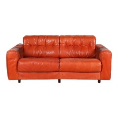 Mid Century Modern De Sede Orange Leather Loveseat Sofa