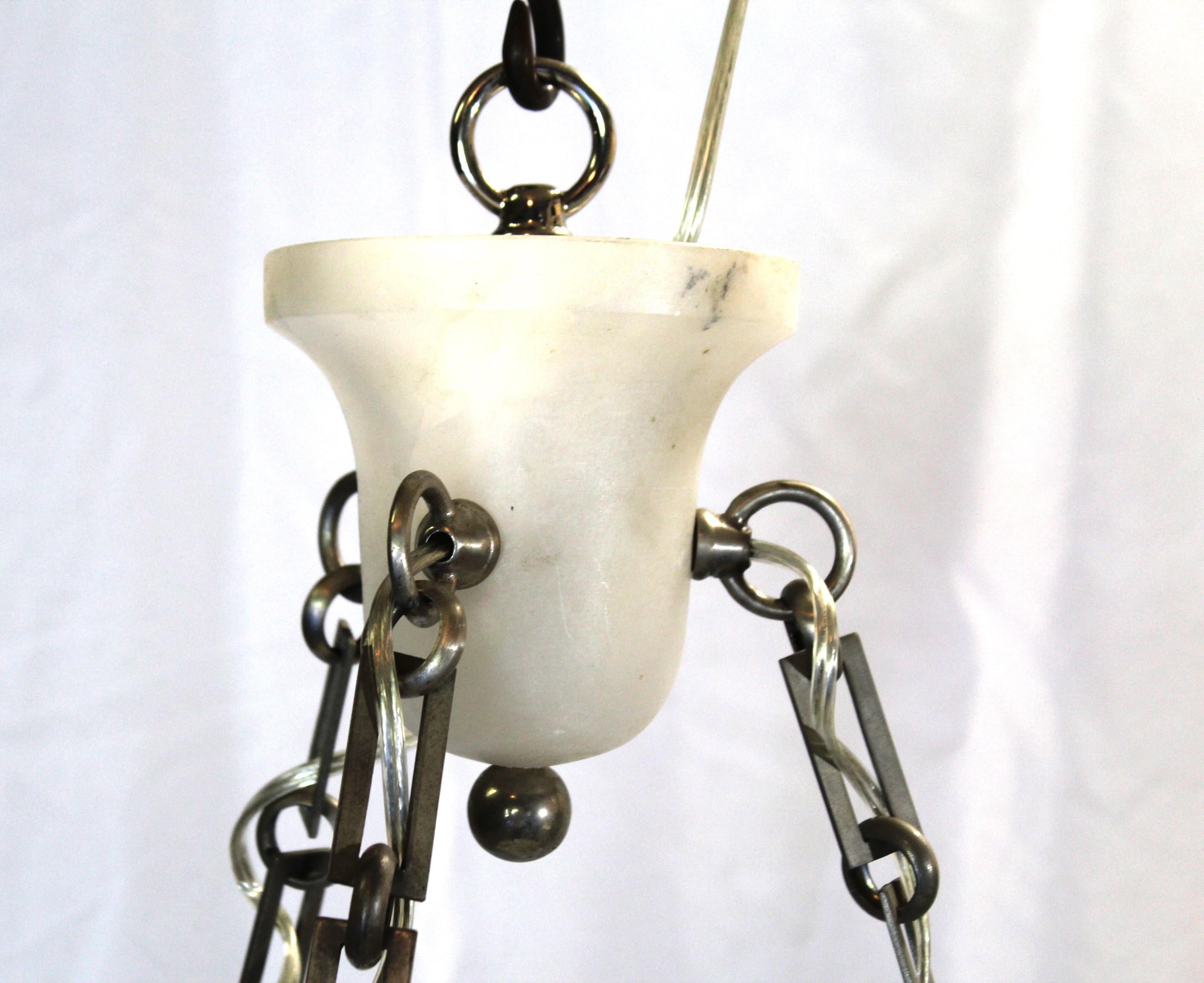 A Custom designed Alabaster Chandelier made after the style of Ruhlmnn from the 20,s and 30,s .  Complete with the Alabaster Ceiling cap . The chain is Nickel .and can be shortened easily . The shade is at 22