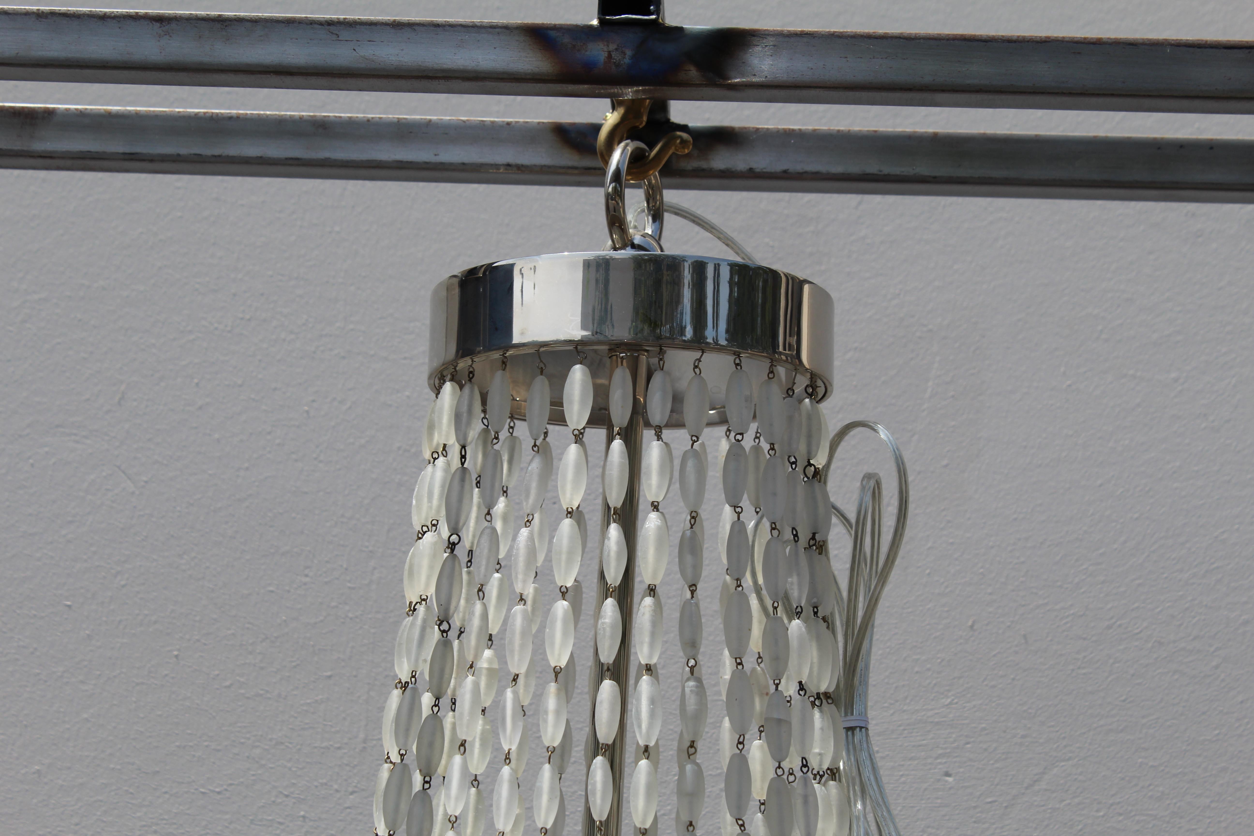 Mid-Century Modern Mid Century Modern/deco Chandelier , Frosted Glass beads , Nickel For Sale