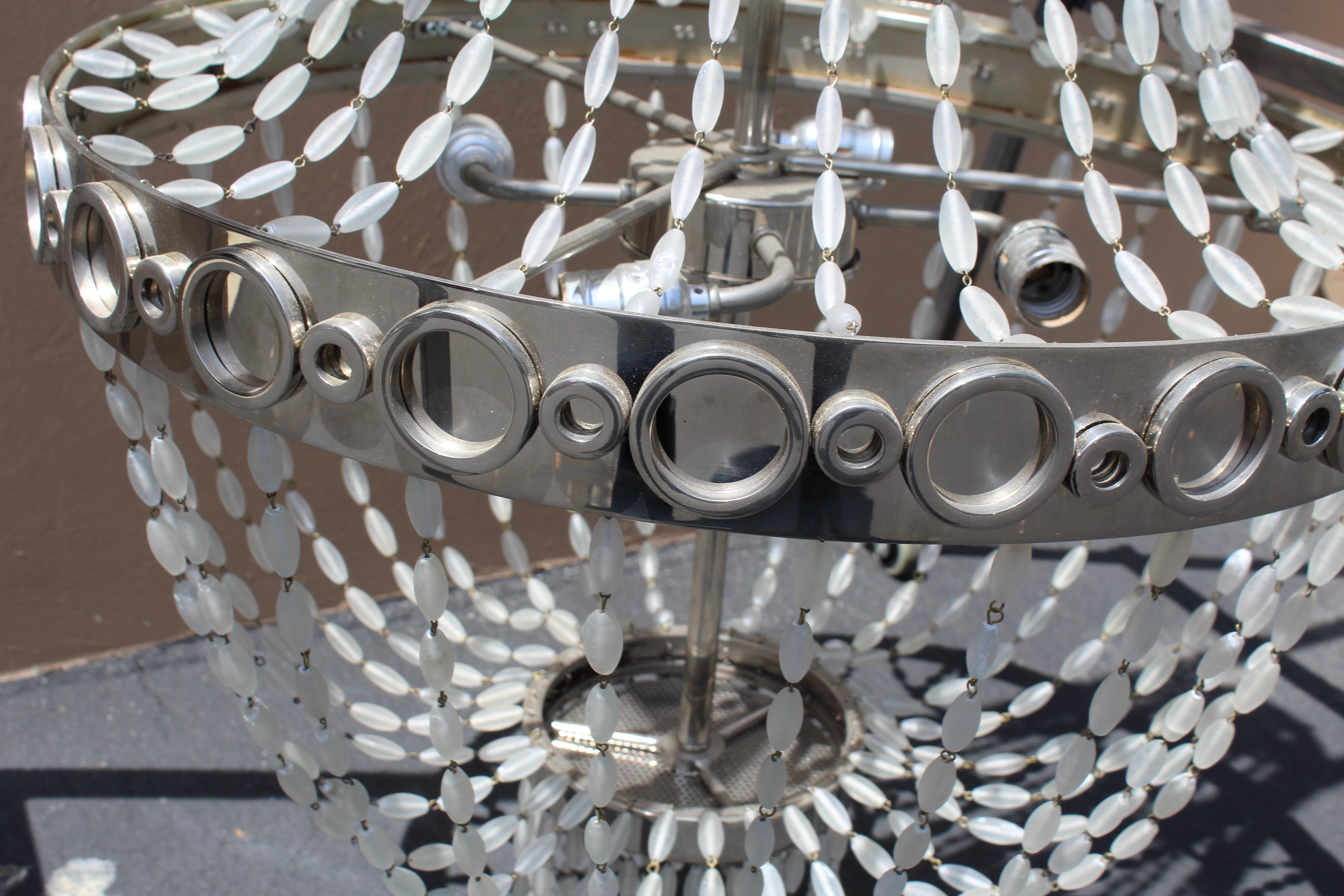 Mid Century Modern/deco Chandelier , Frosted Glass beads , Nickel In Good Condition For Sale In Los Angeles, CA