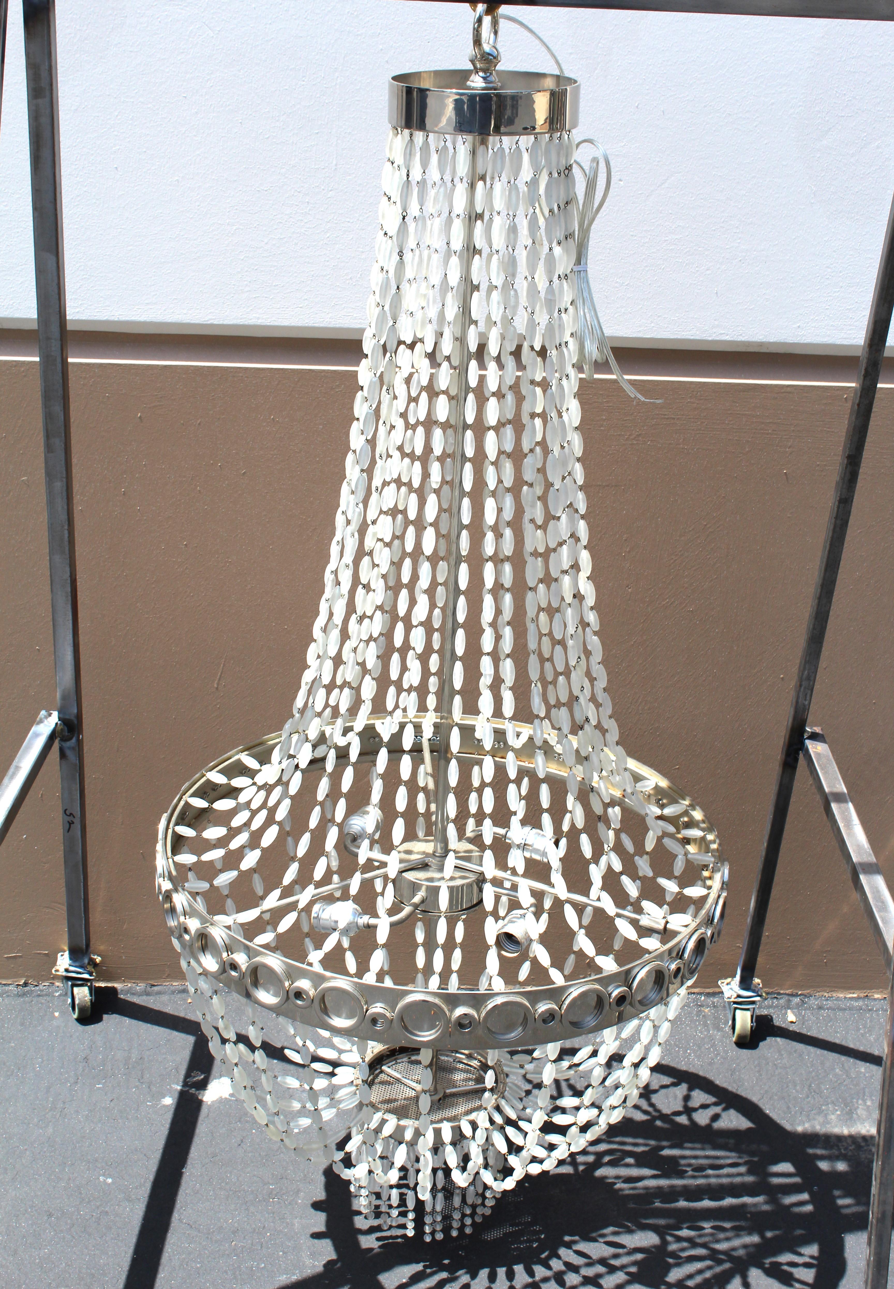 Contemporary Mid Century Modern/deco Chandelier , Frosted Glass beads , Nickel For Sale