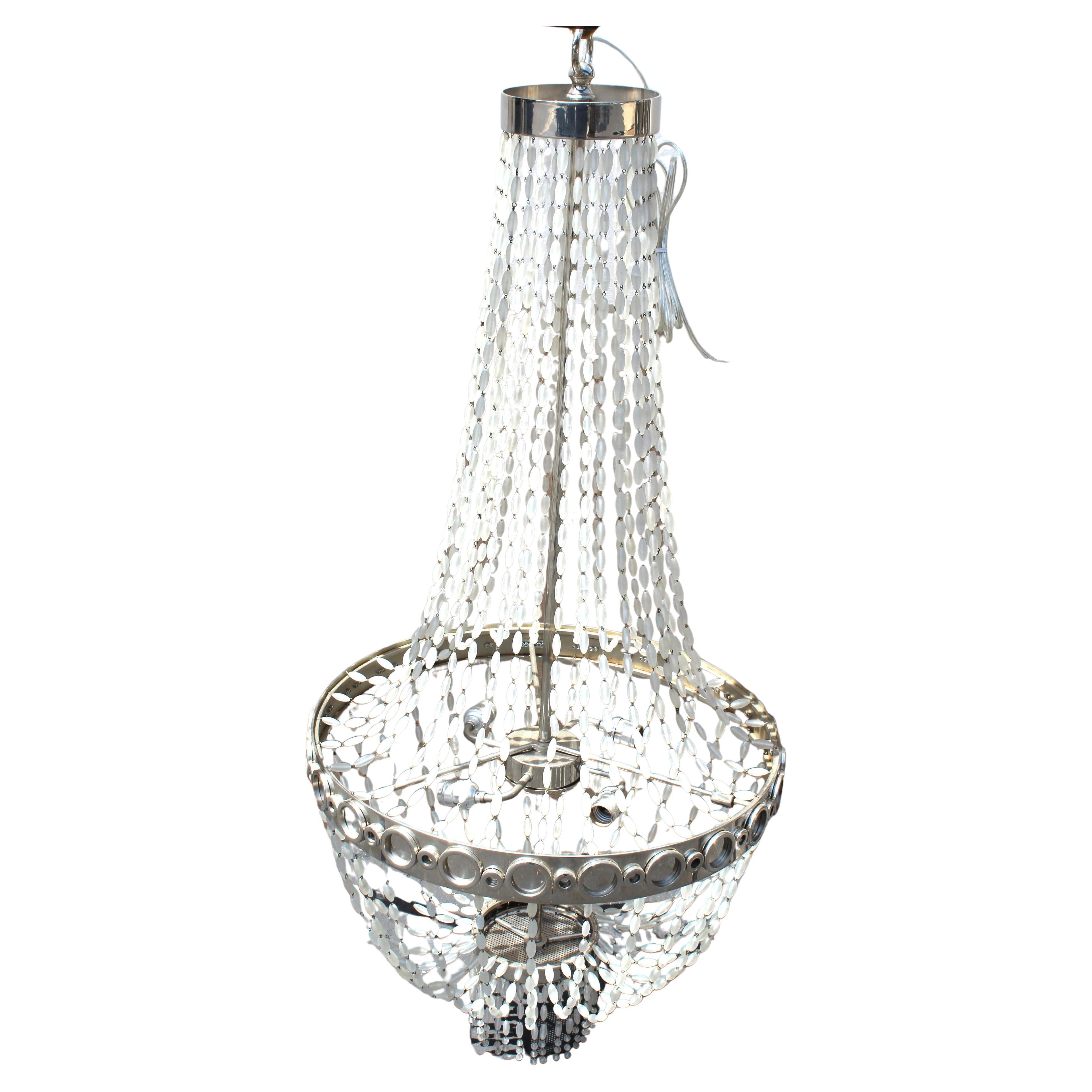 Mid Century Modern/deco Chandelier , Frosted Glass beads , Nickel For Sale
