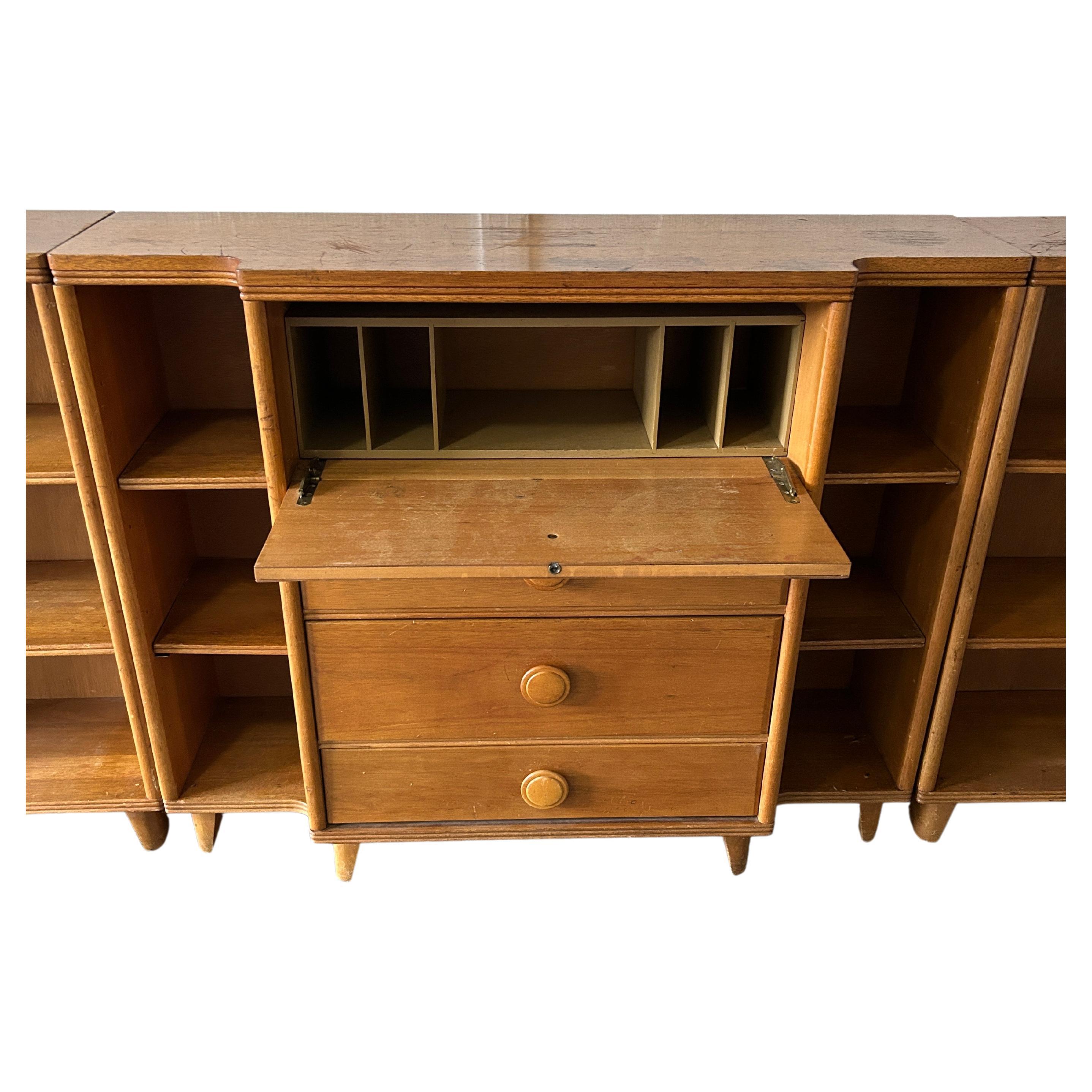 Oak Mid-Century Modern Deco Drop Down Desk with 2 Bookcases For Sale