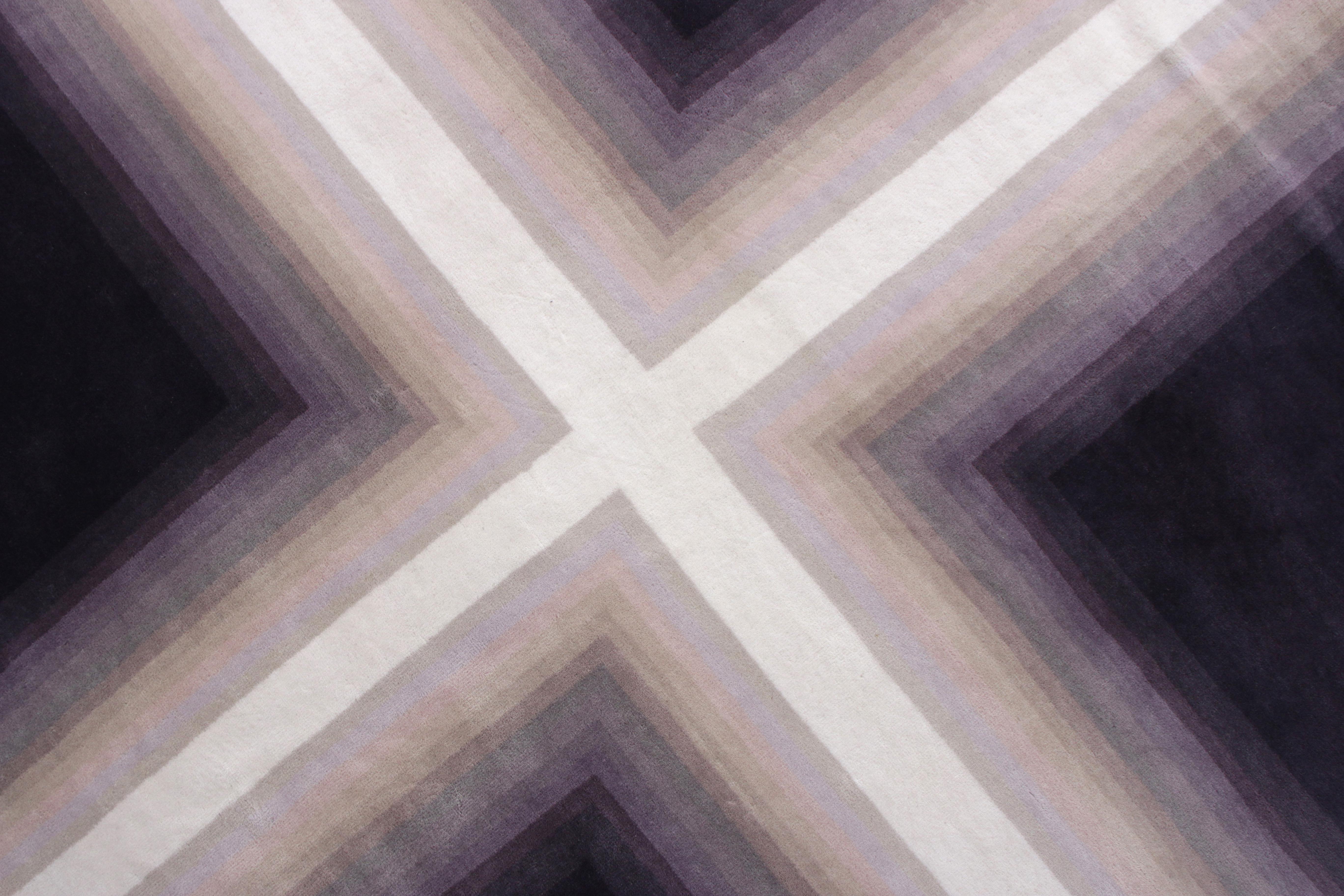Hand-Knotted Rug & Kilim's Mid-Century Modern Deco Rug in Purple White Geometric Pattern