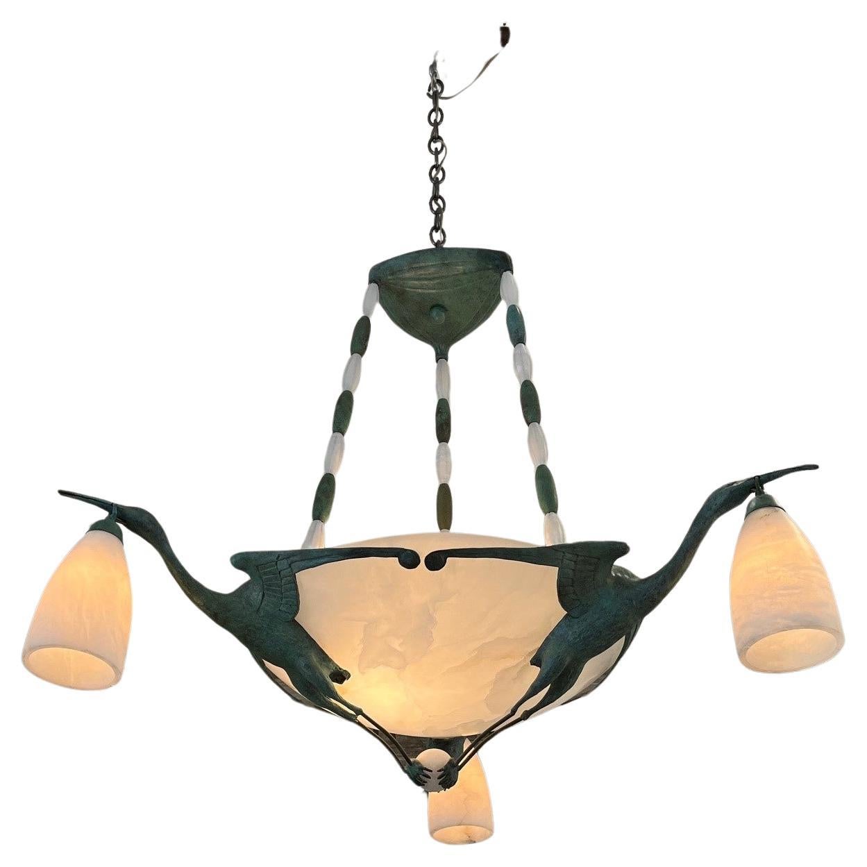Lustre moderne du milieu du siècle dernier/Art décoratif  albâtre et oiseaux en vente