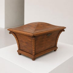 Mid-Century Modern Decorative Box Tea Caddy Marquetry Wood Brass Details, Italy