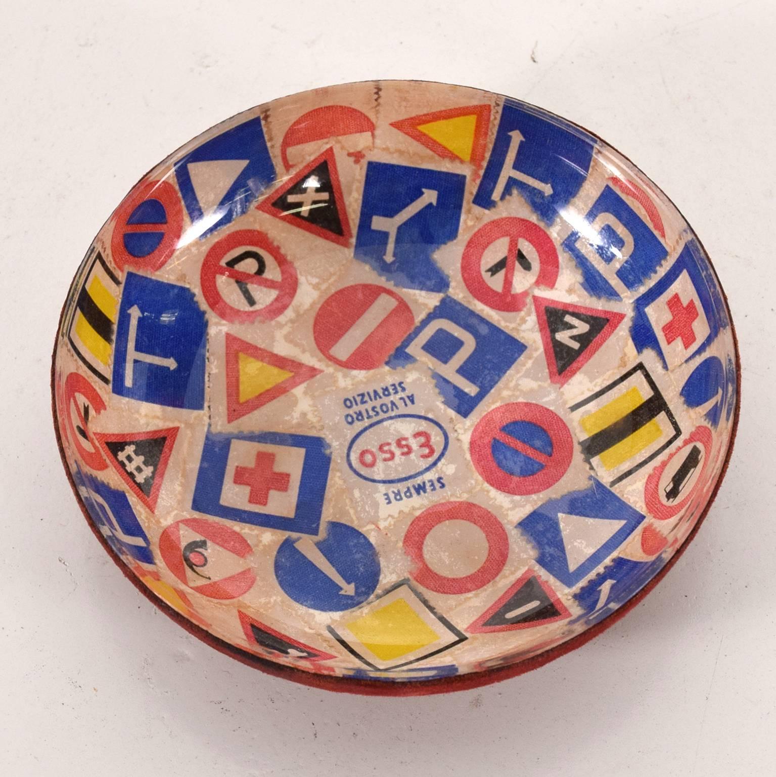 For your consideration, a vintage decorative bowl, catch-all. Made in Italy. Metal covered with antique advertising stamps displaying road signs and an ESSO logo an slogan 