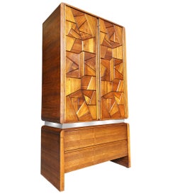 Mid Century Modern Deep Relief Sculpted Front Wardrobe or Tall Dresser in Walnut
