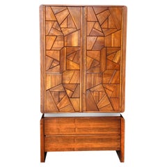 Mid Century Modern Deep Relief Sculpted Front Wardrobe or Tall Dresser in Walnut