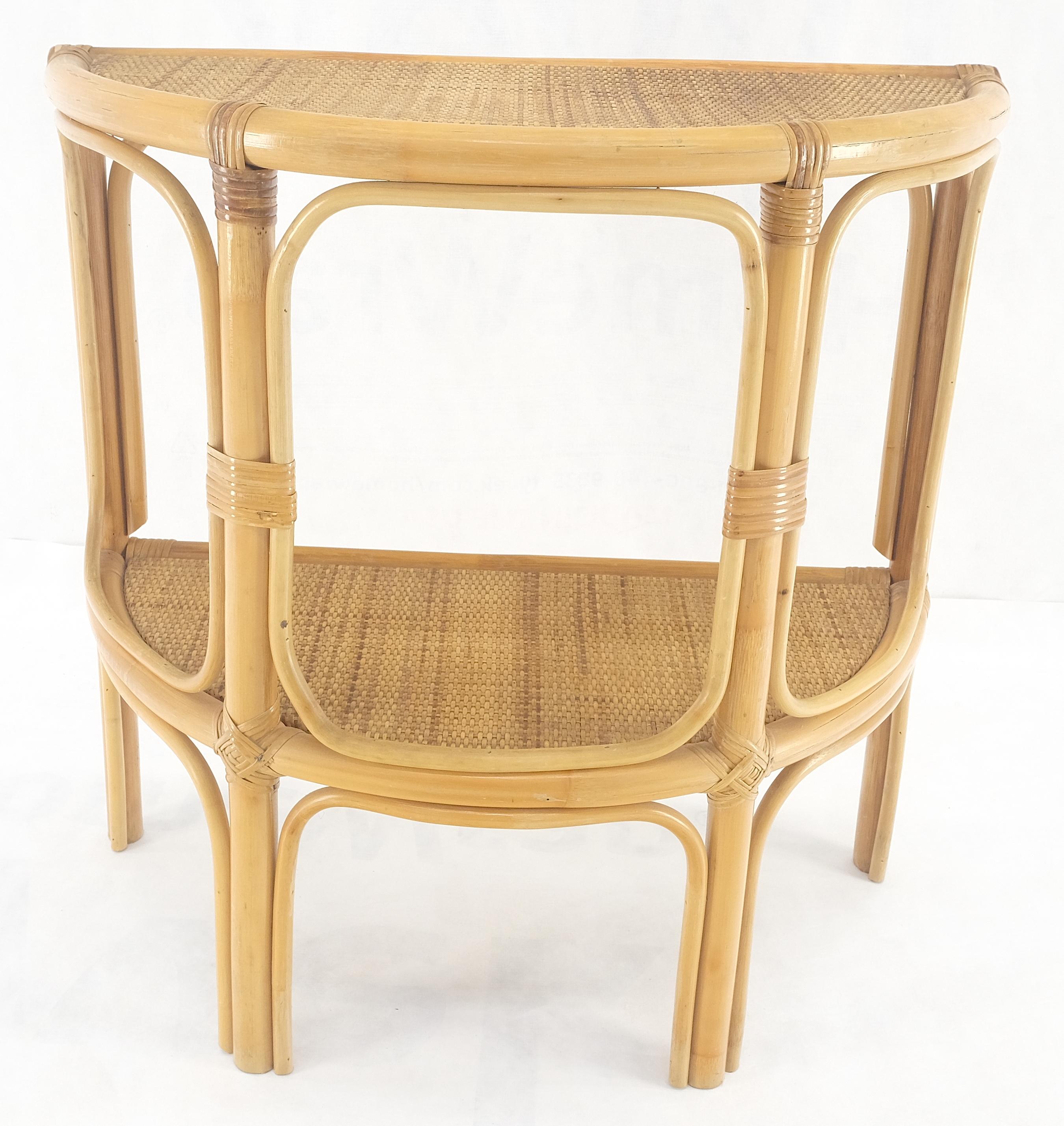 Lacquered Mid Century Modern Demilune Rattan Cane Bamboo Two Tier Wall Console Table MINT
