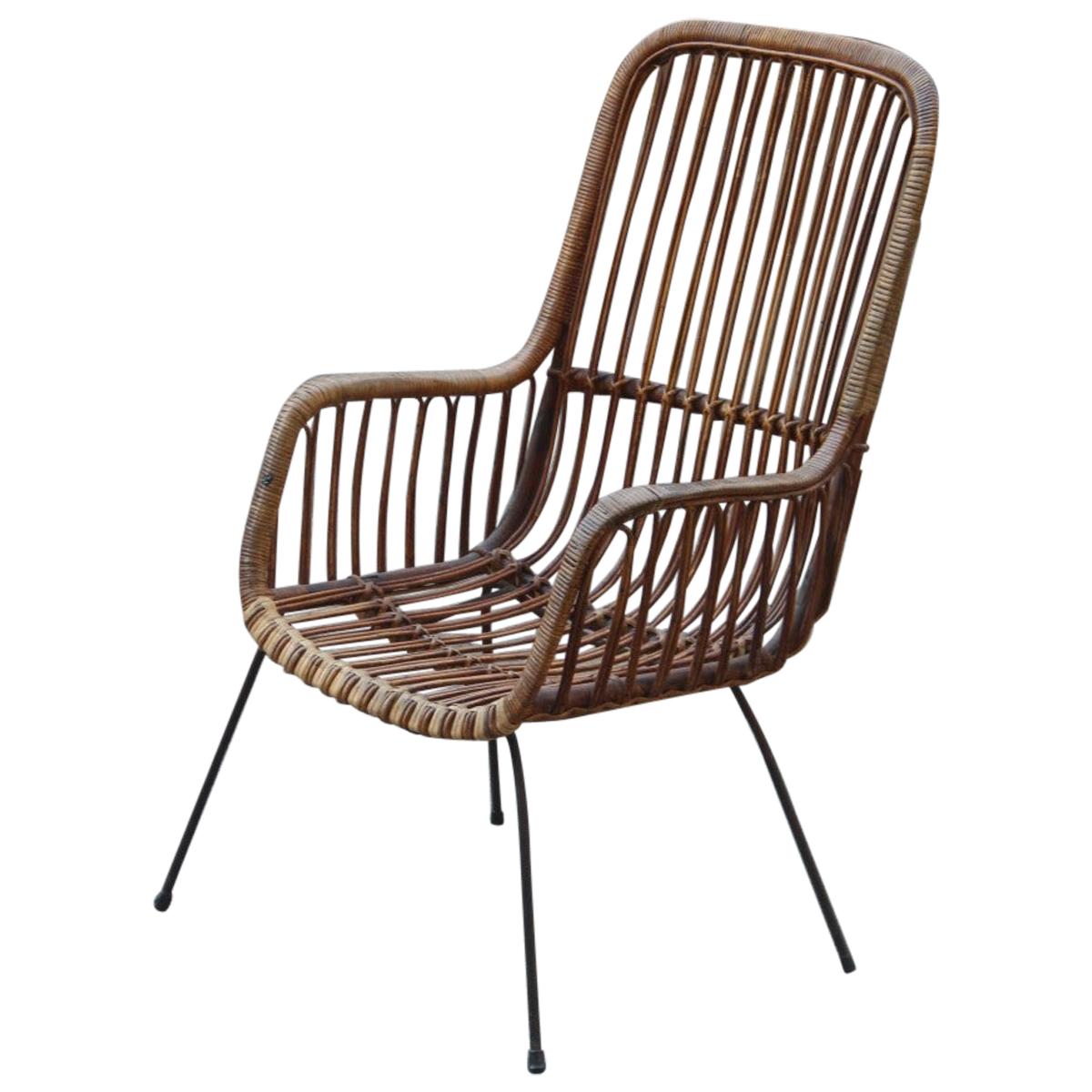 Chaises à haut dossier en bambou et pieds en fer de conception italienne, design moderne du milieu du siècle dernier en vente