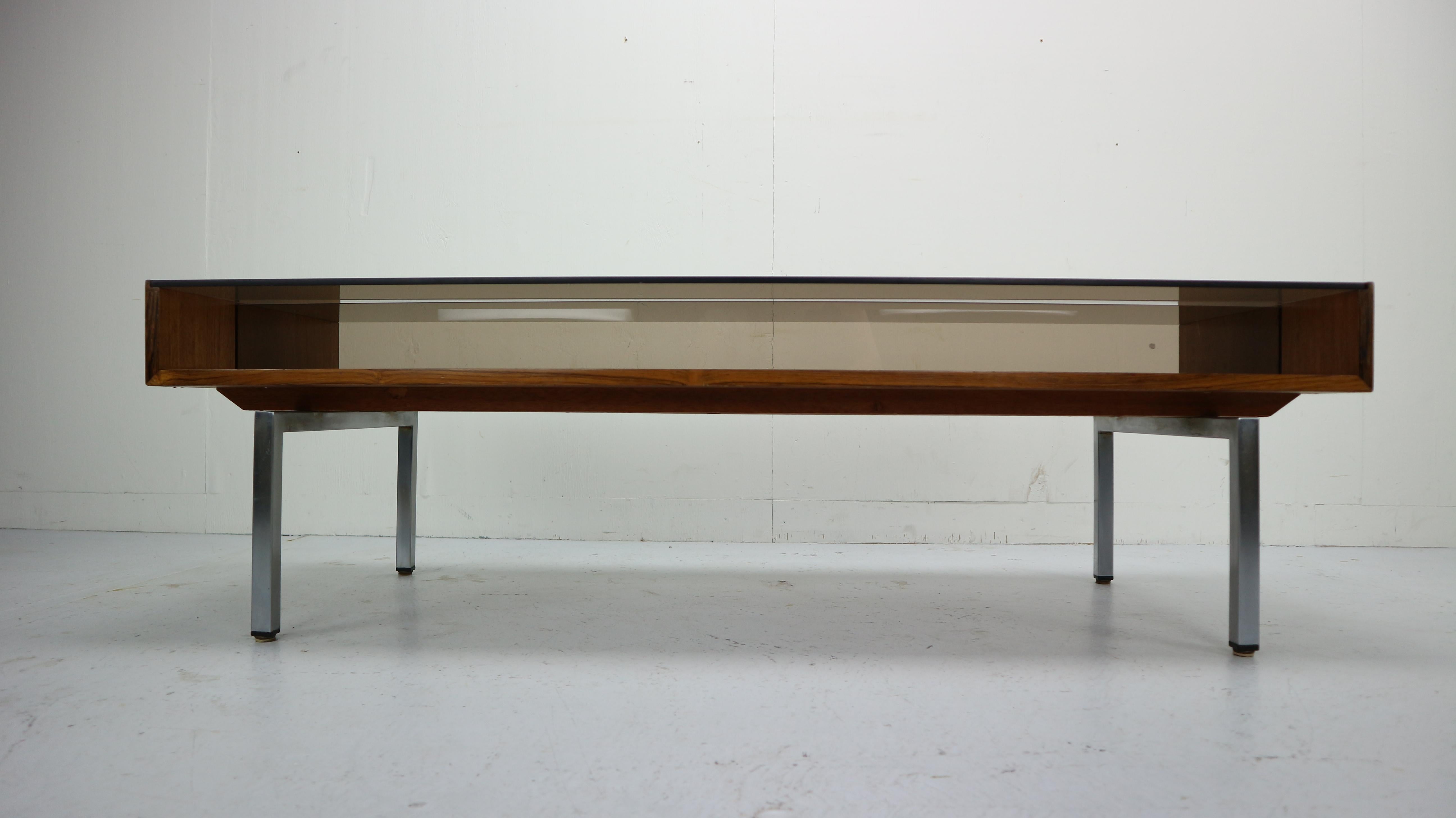 Mid-Century Modern Design Coffee Table Smoked Glass& Rosewood, 1970s 4