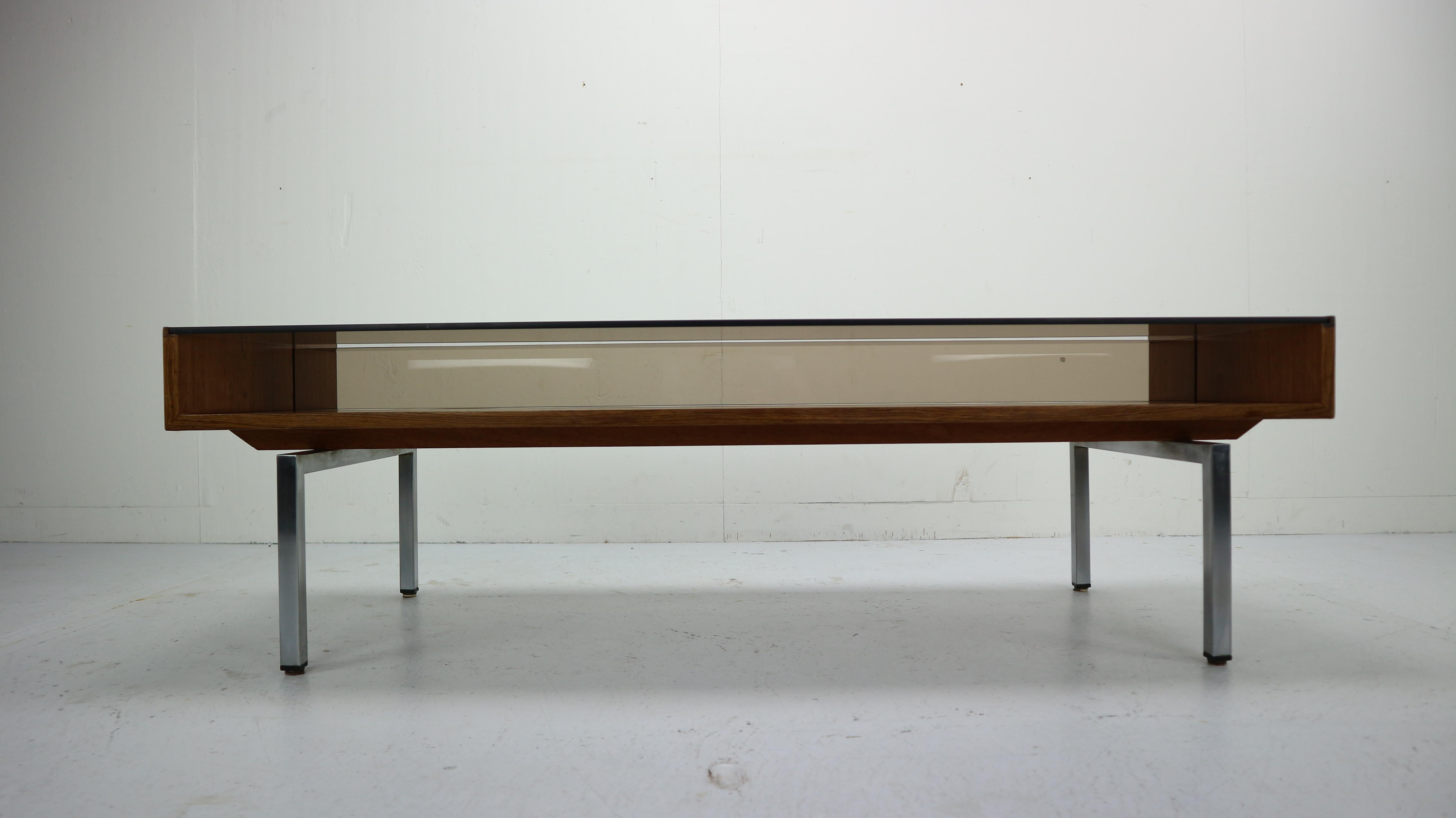 Dutch Mid-Century Modern Design Coffee Table Smoked Glass& Rosewood, 1970s