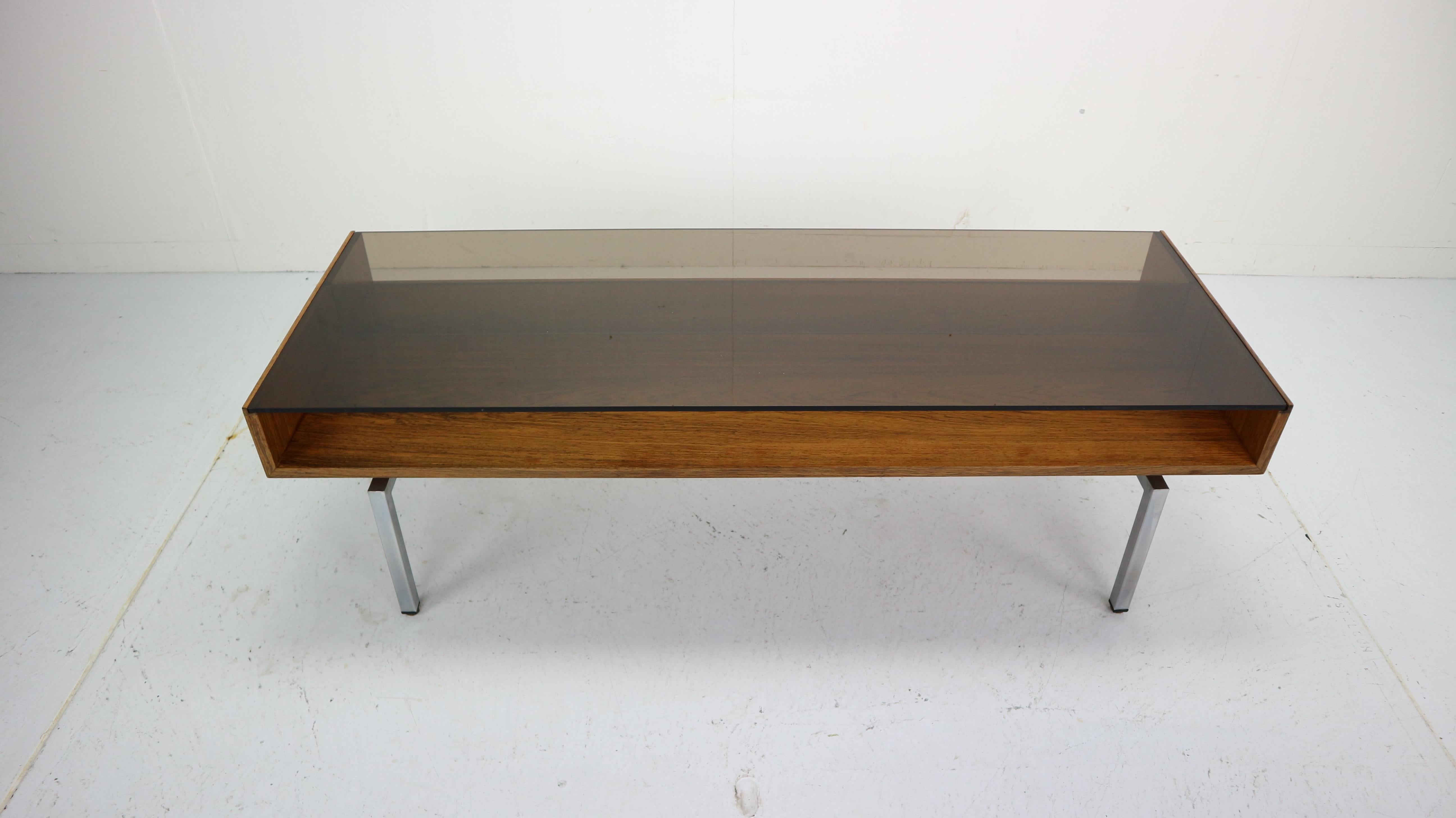 Late 20th Century Mid-Century Modern Design Coffee Table Smoked Glass& Rosewood, 1970s