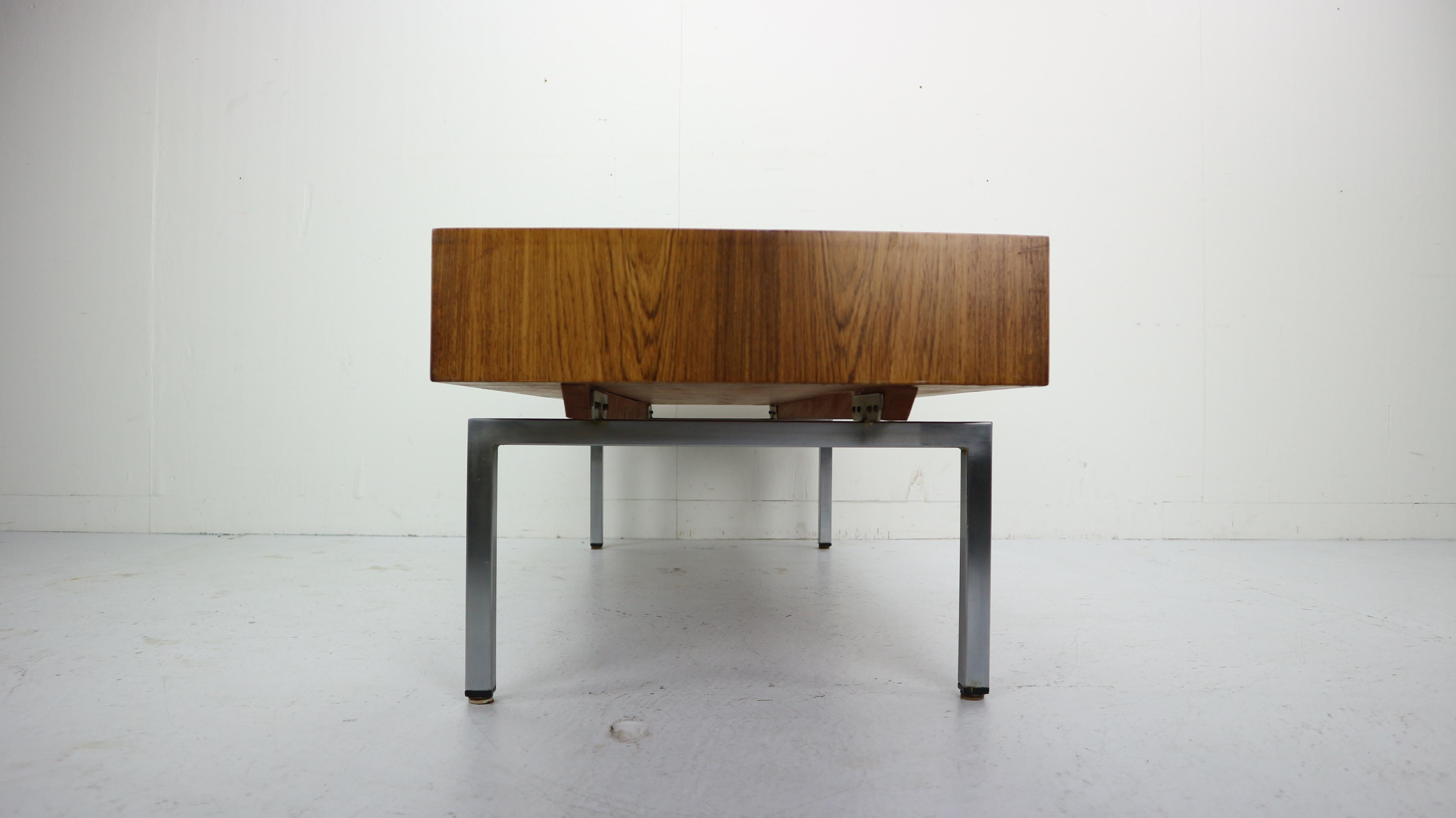 Stainless Steel Mid-Century Modern Design Coffee Table Smoked Glass& Rosewood, 1970s