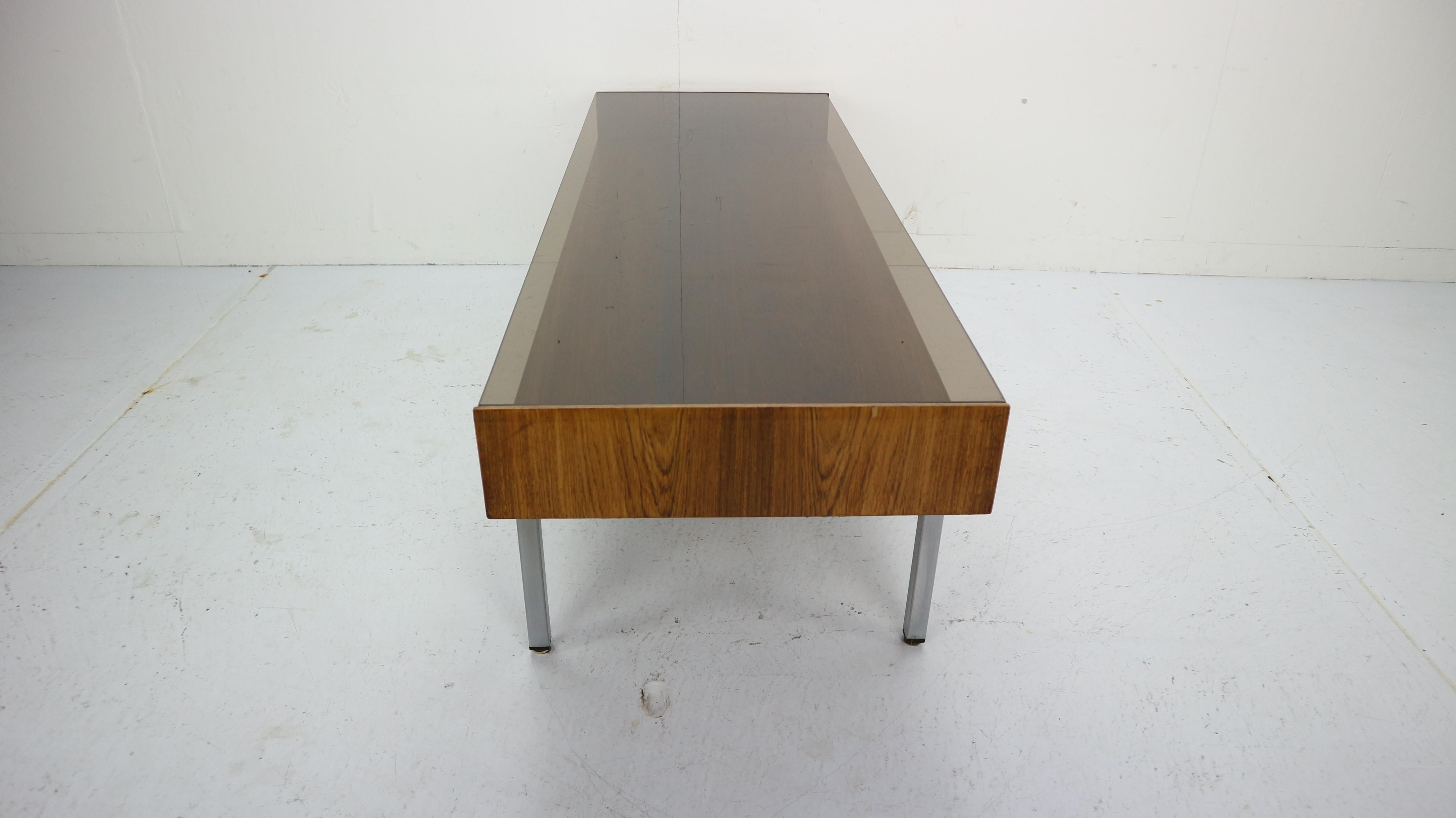 Mid-Century Modern Design Coffee Table Smoked Glass& Rosewood, 1970s 1
