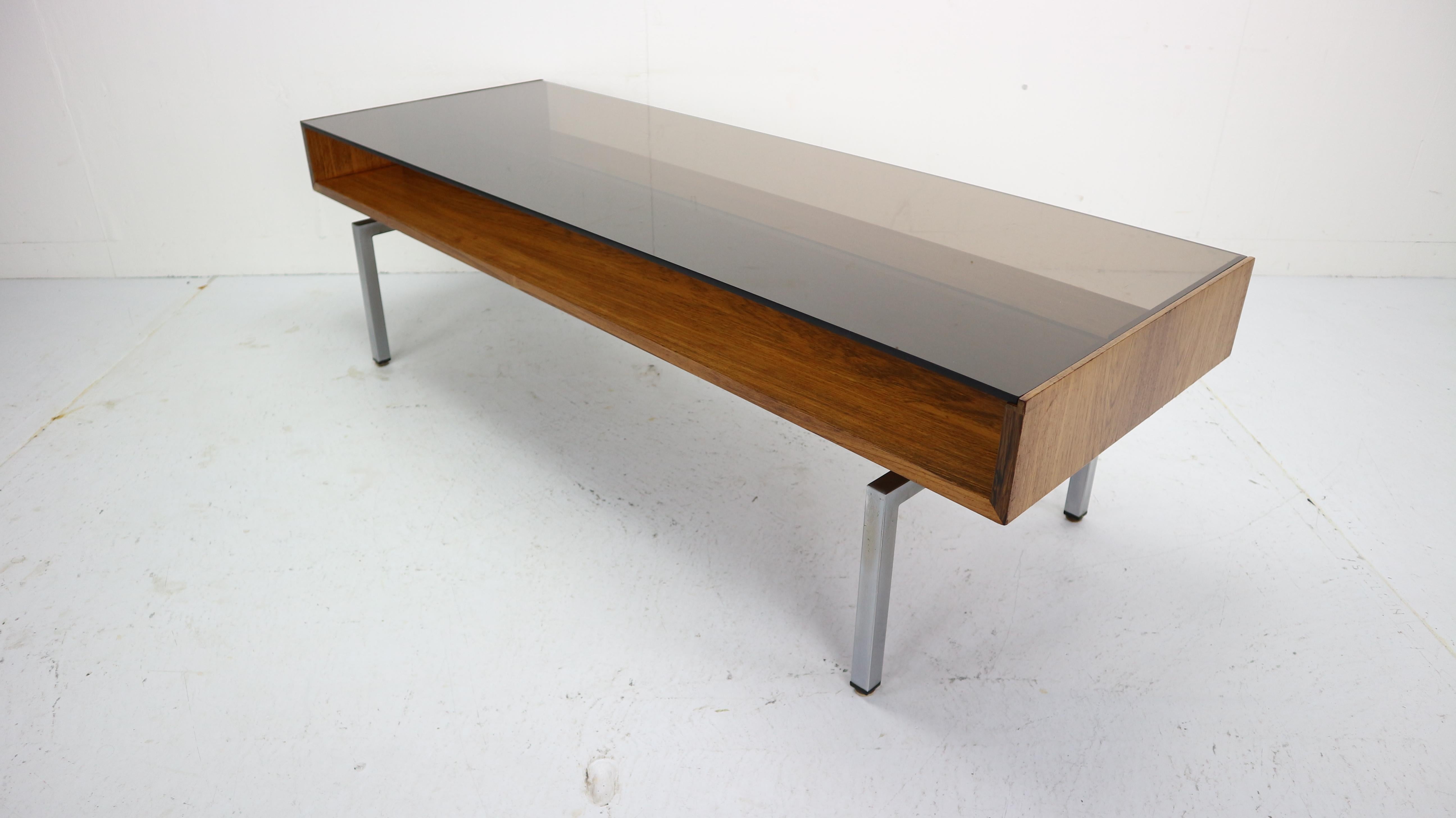 Mid-Century Modern Design Coffee Table Smoked Glass& Rosewood, 1970s 3