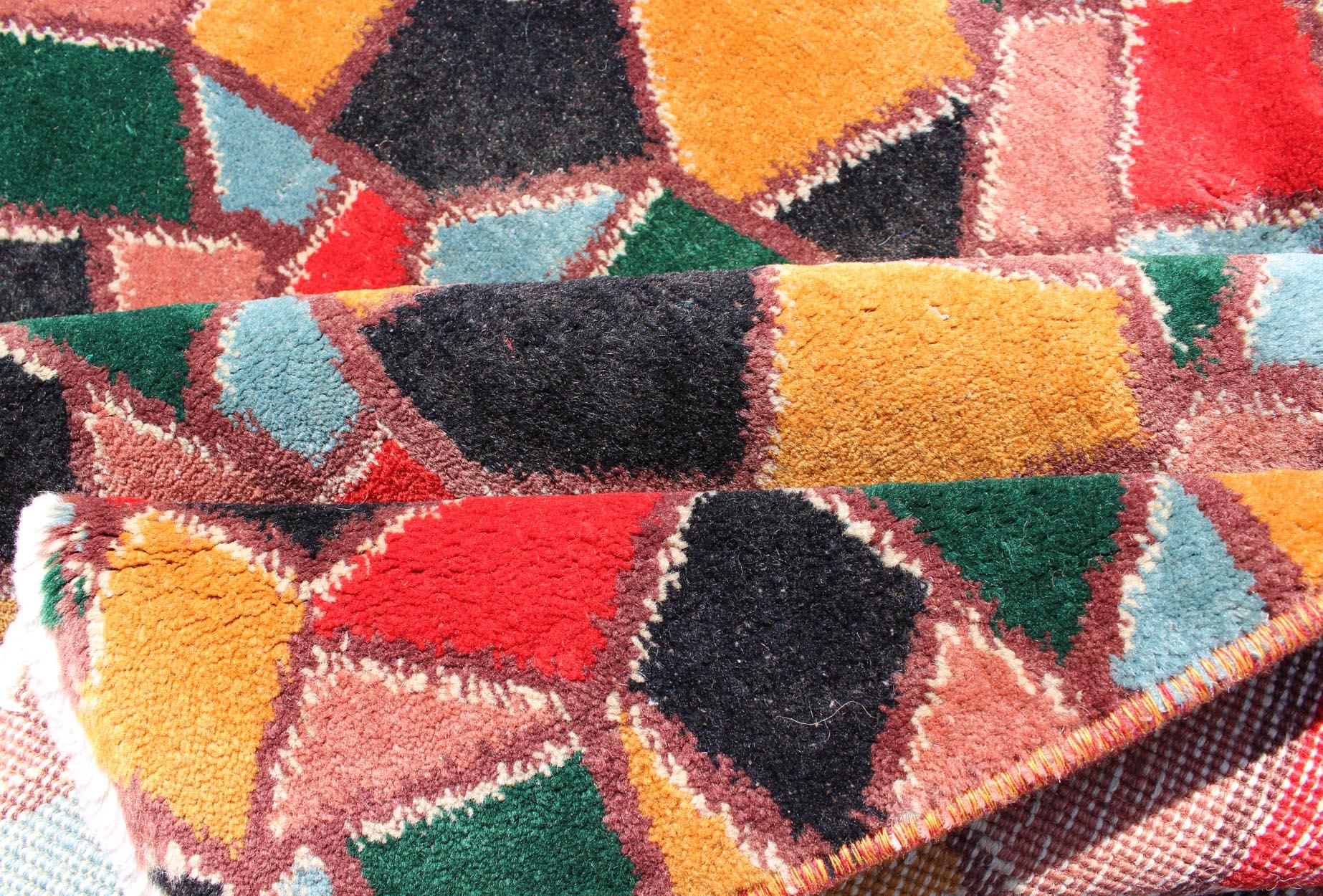 Hand-Knotted    Mid-Century Modern Design Rug inspired by Stained glass & Unique Complexion For Sale