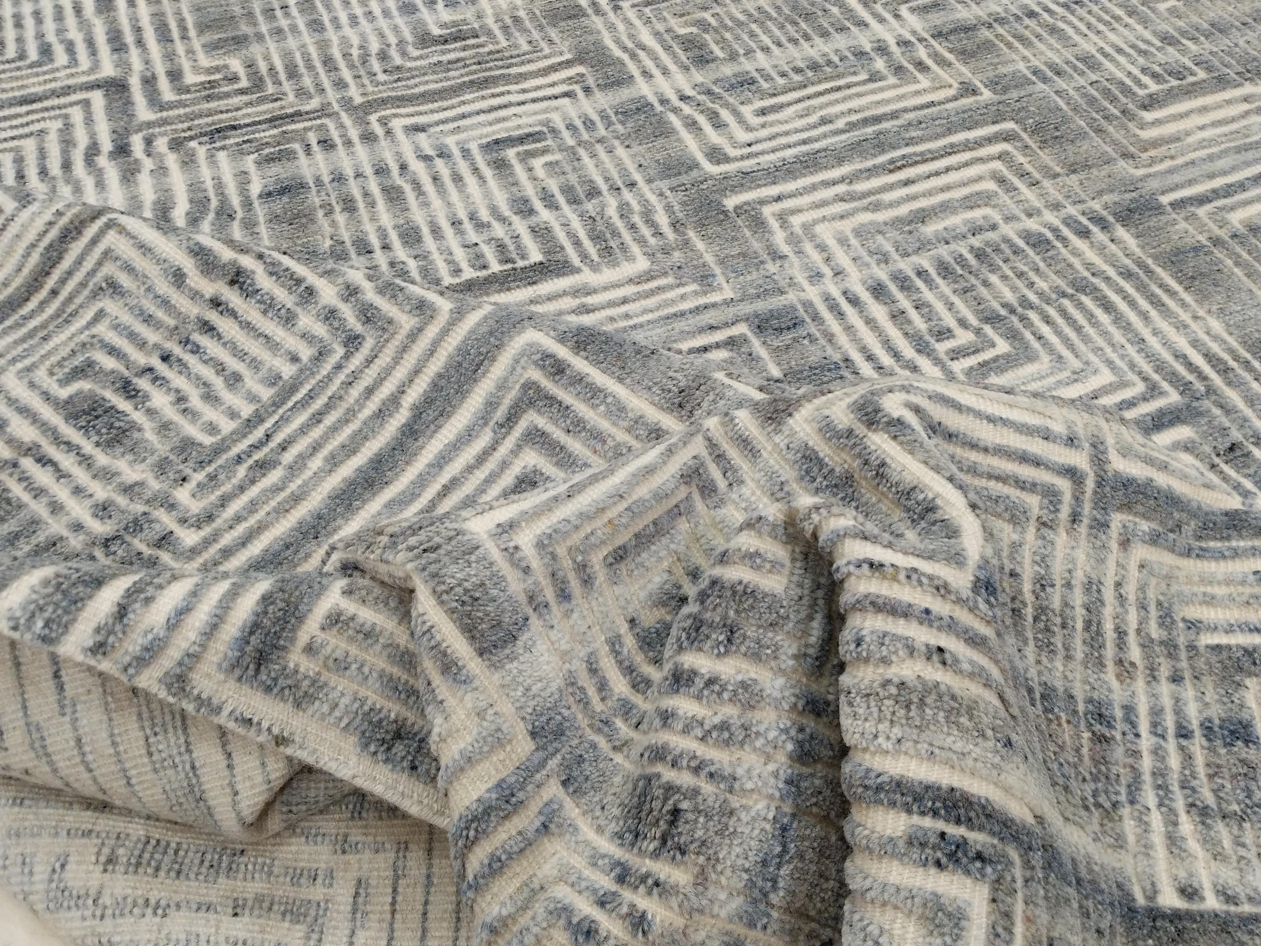 Indian Mid-Century Modern Design Textural Geometric Blue Ivory Jules Carpet For Sale