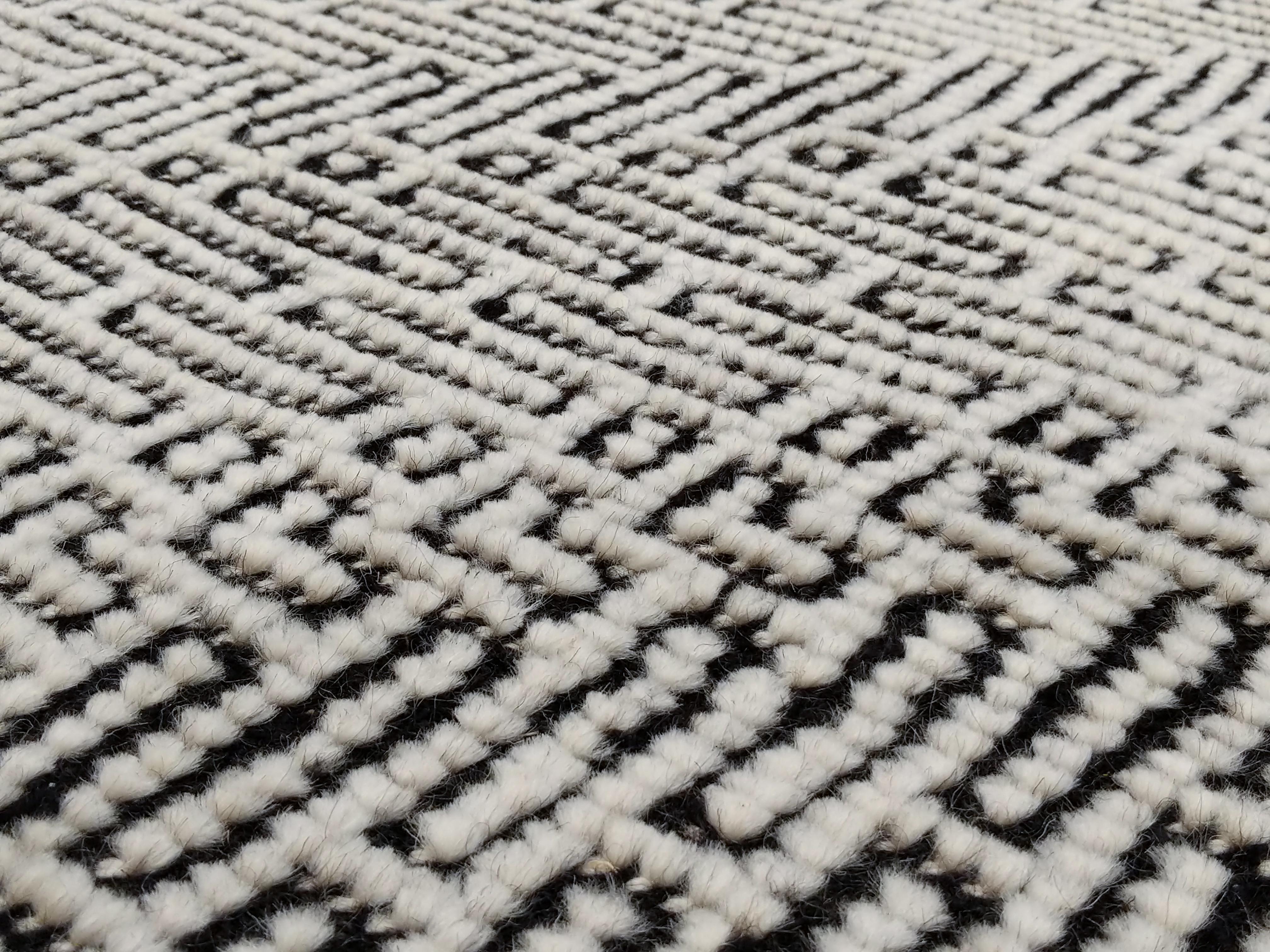 Hand-Knotted Mid-Century Modern Design Textural Ivory Geometric Shoowa Rug For Sale