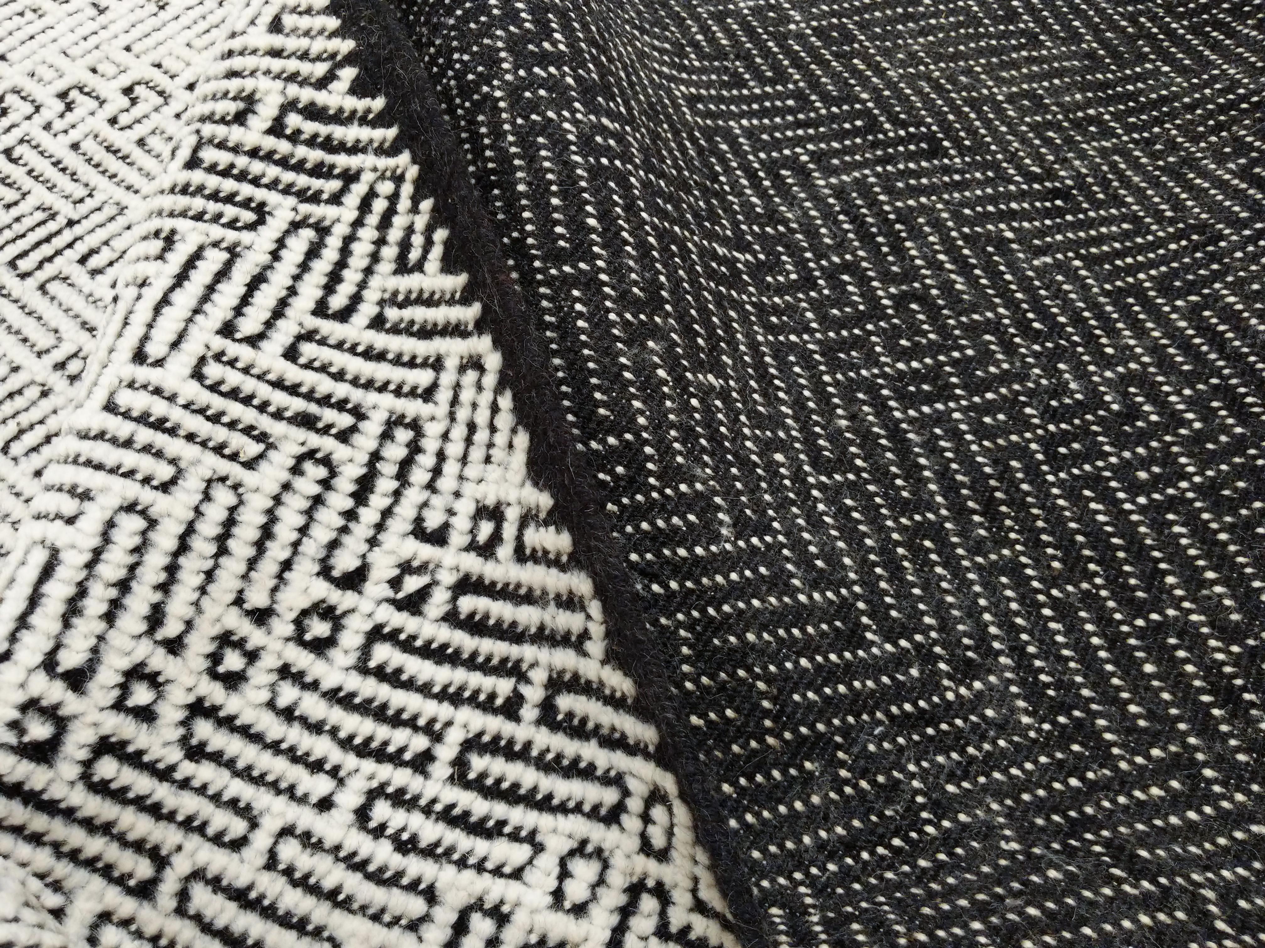 Contemporary Mid-Century Modern Design Textural Ivory Geometric Shoowa Rug For Sale