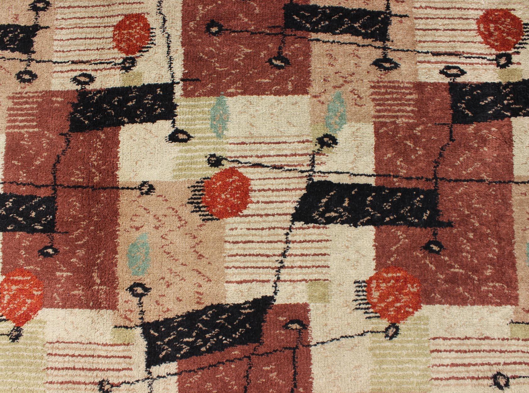 Mid-Century Modern Design Turkish Rug in Brown, Red, Taupe and Green 2
