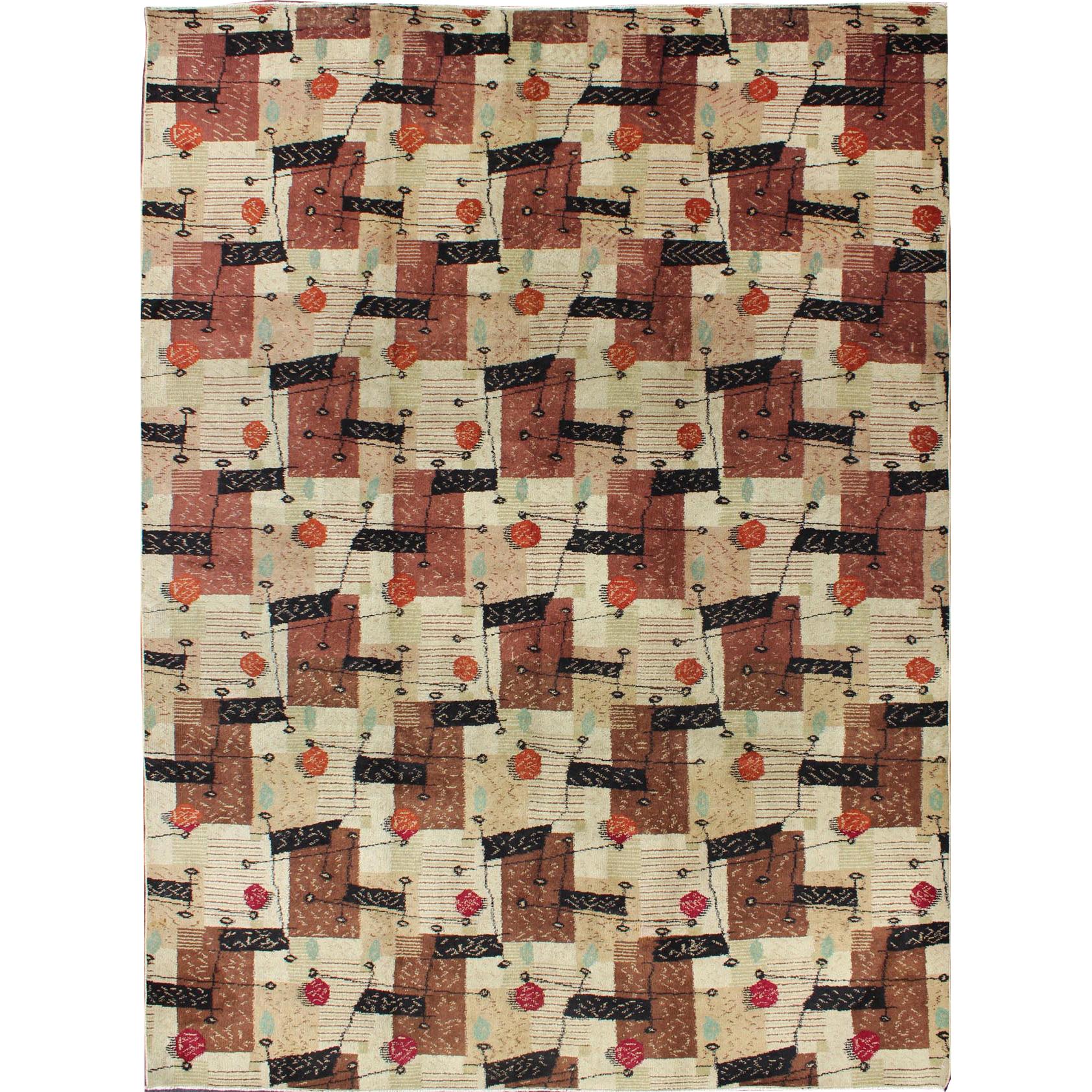 Mid-Century Modern Design Turkish Rug in Brown, Red, Taupe and Green