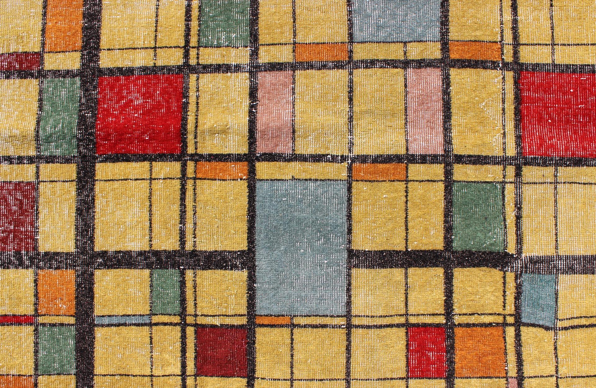 Mid-Century Modern Design Turkish Rug, Vintage Modern Carpet in Bright Yellow For Sale 1