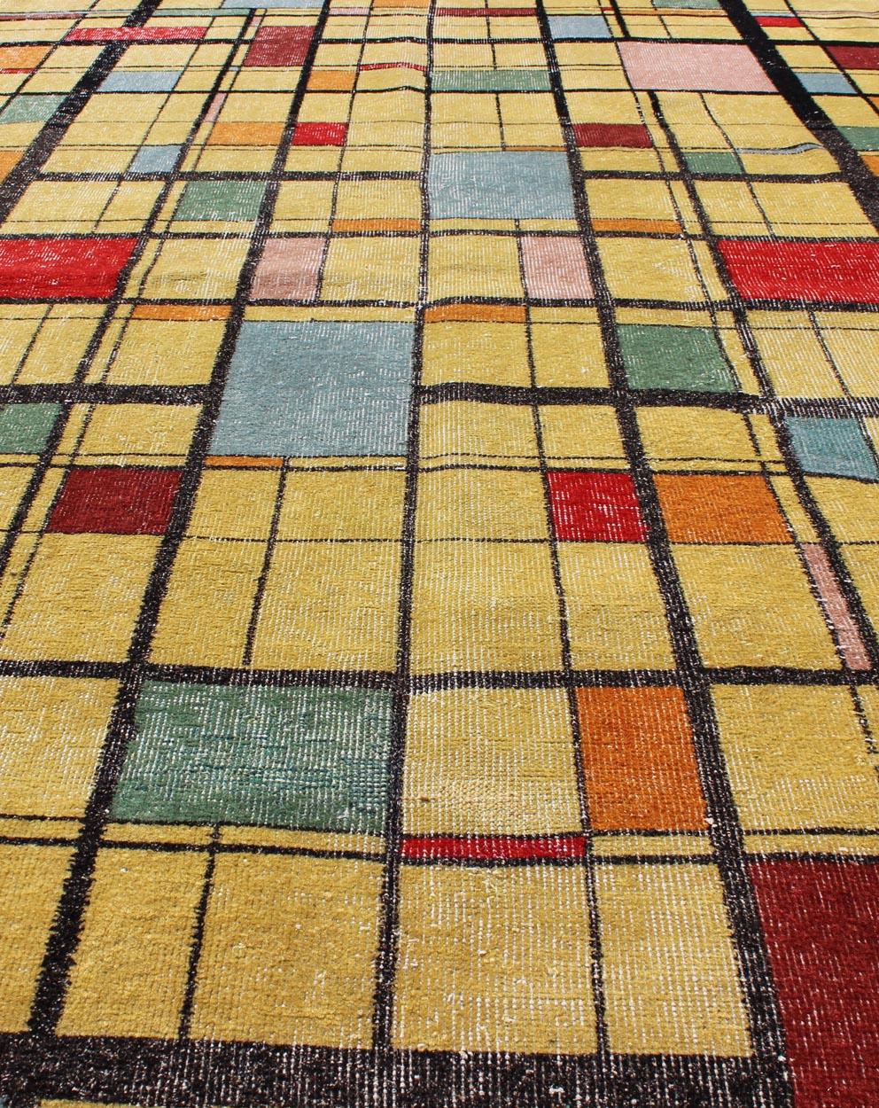 Wool Mid-Century Modern Design Turkish Rug, Vintage Modern Carpet in Bright Yellow For Sale