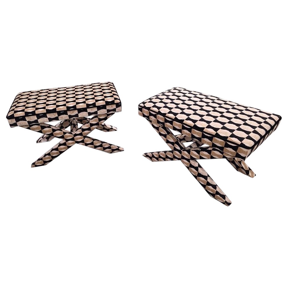 Mid Century Modern Designer X Base Ottomans/Benches Newly Reupholstered- Pair For Sale