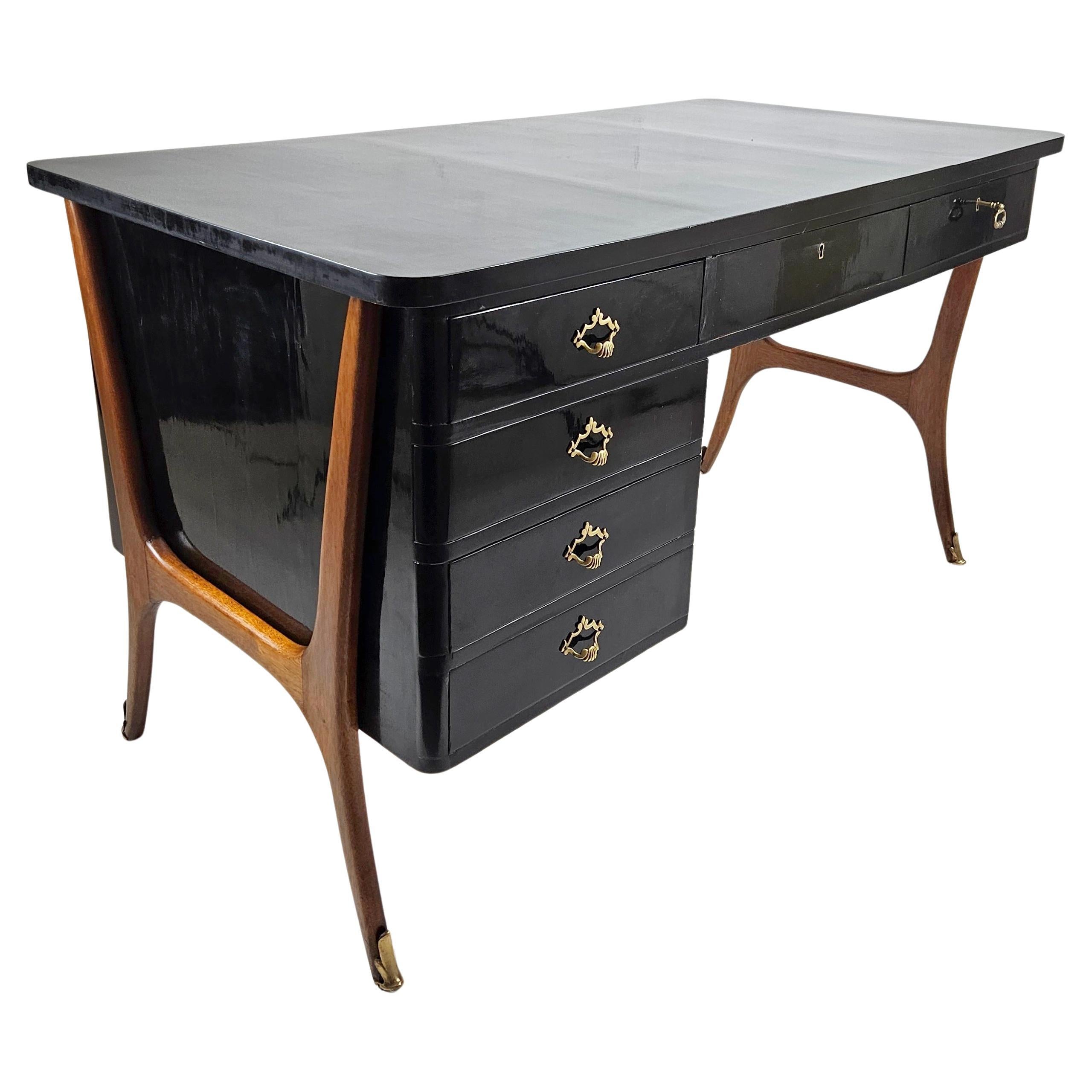 Mid-Century Modern Desk, Beech & Walnut with Yellow Glass Top, 1950s For Sale
