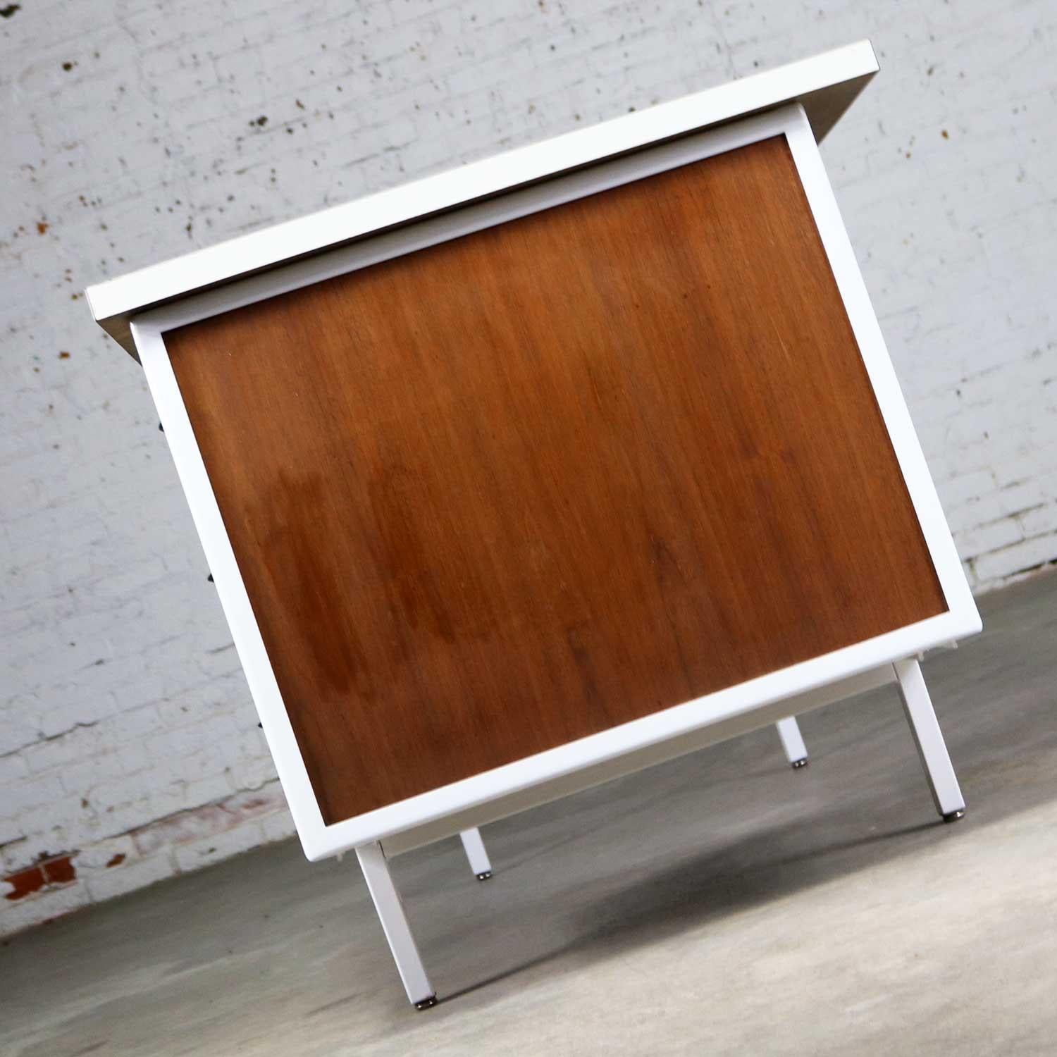 American MCM Desk by Robert John Co. Walnut & White Painted Steel Frame & Laminate Top For Sale