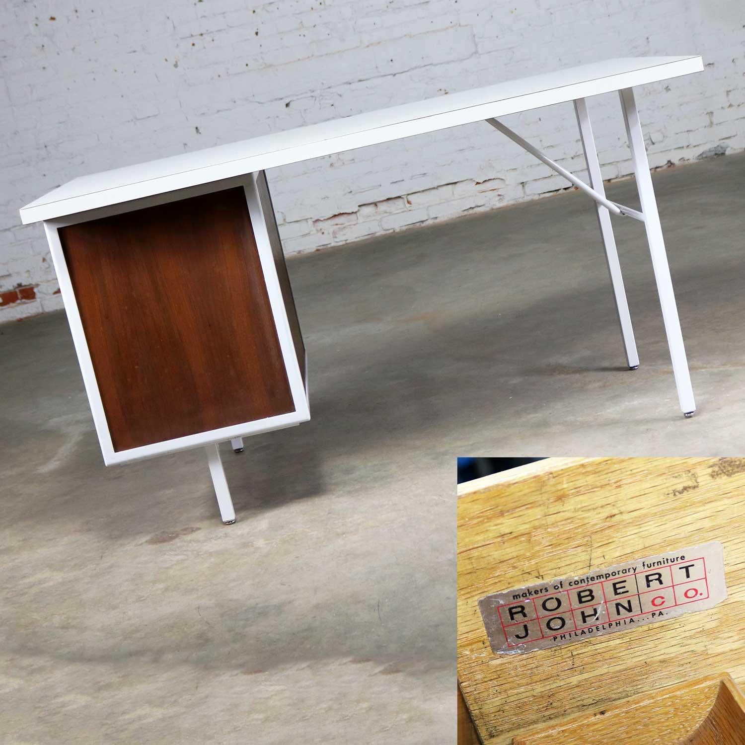 20th Century MCM Desk by Robert John Co. Walnut & White Painted Steel Frame & Laminate Top For Sale