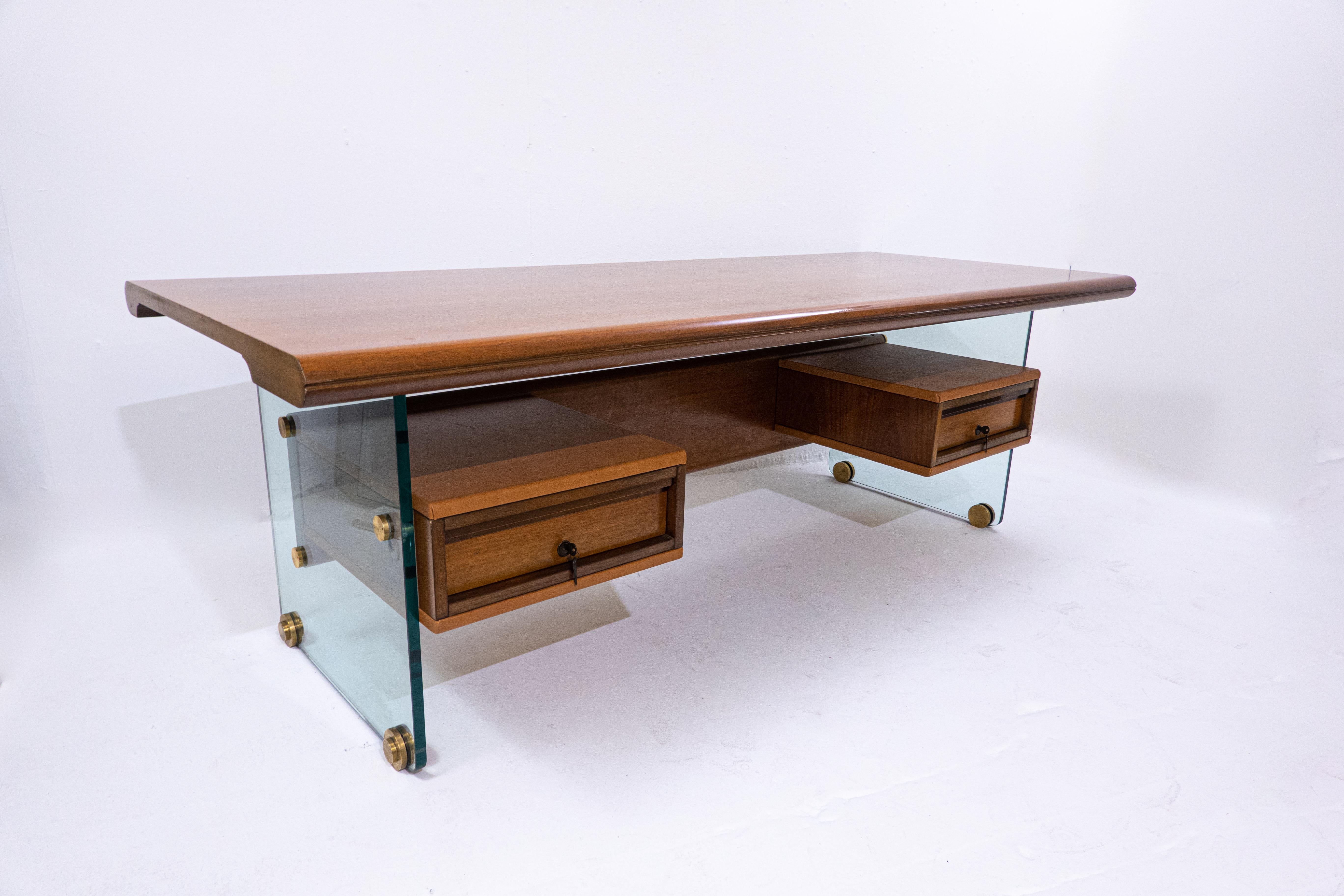 Mid-Century Modern desk by Tosi, glass wood leather and bronze, Italy, 1968.