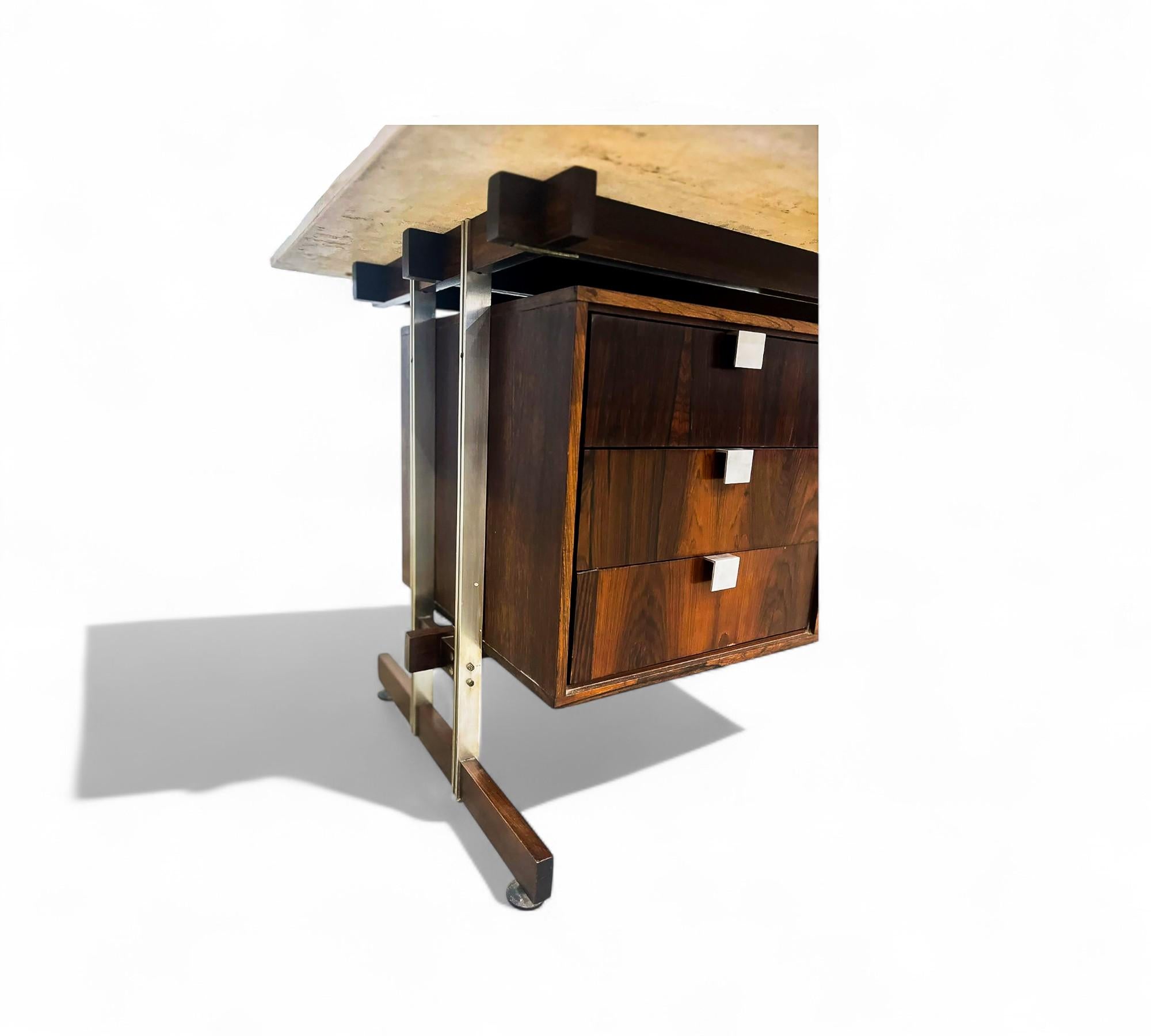 Metal Mid Century Modern Desk in Hardwood and Marble by Novo Rumo, c. 1960s For Sale