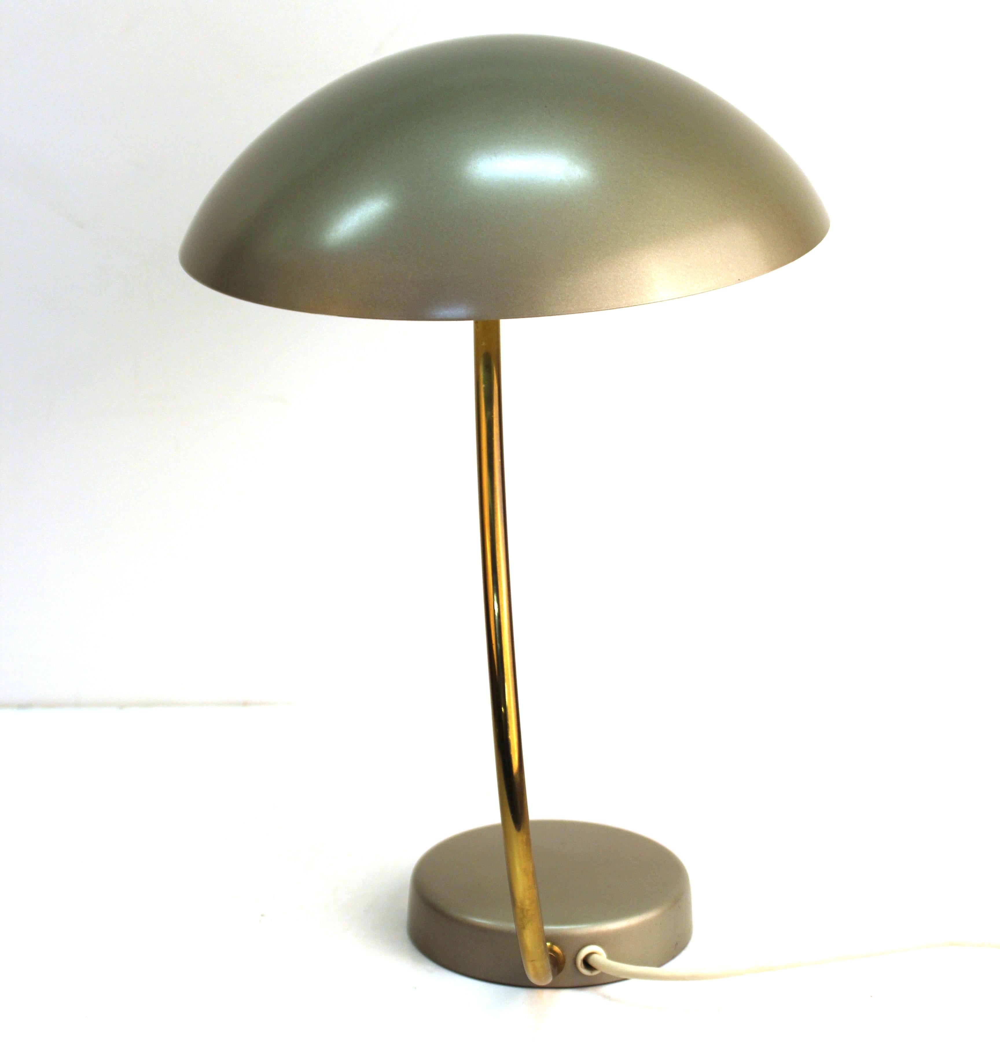 Mid-Century Modern metal saucer desk lamp with brass stem. The piece was likely made in Germany during the mid-20th century and is in great vintage condition with age-appropriate wear.
