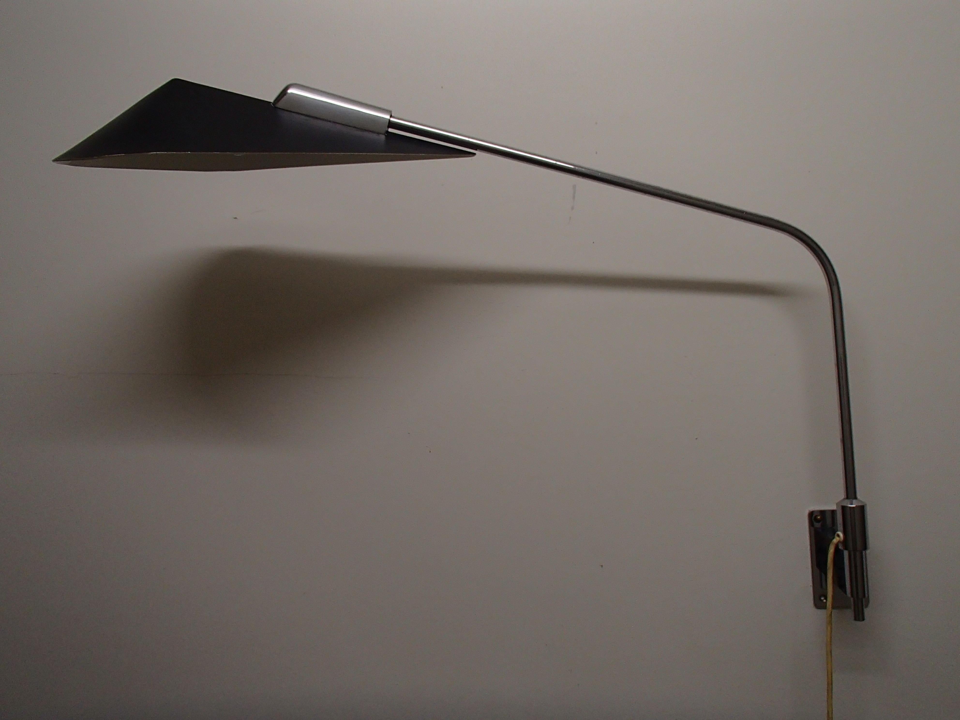 Mid-Century Modern Desk or Reading Wall Light Movable Chrome Arm and Black Shade For Sale 3
