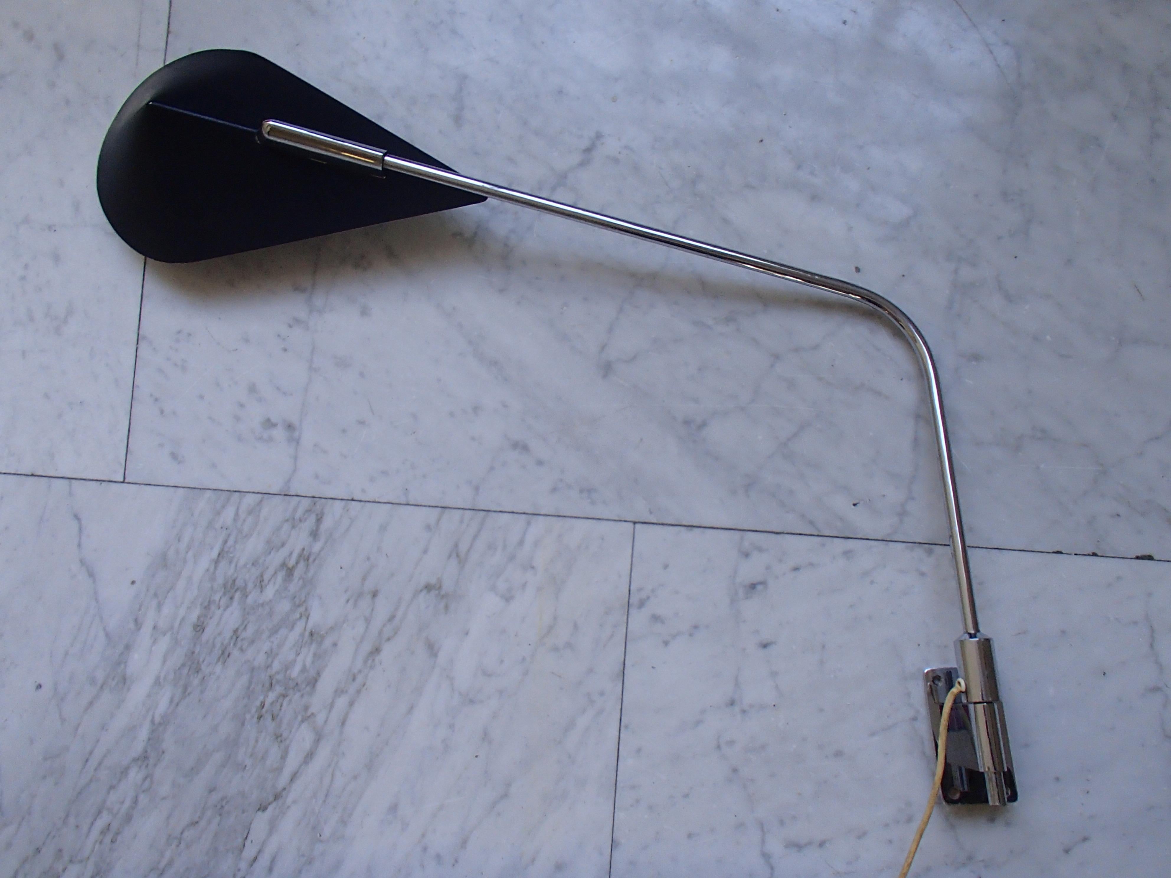 Mid-Century Modern Desk or Reading Wall Light Movable Chrome Arm and Black Shade For Sale 7