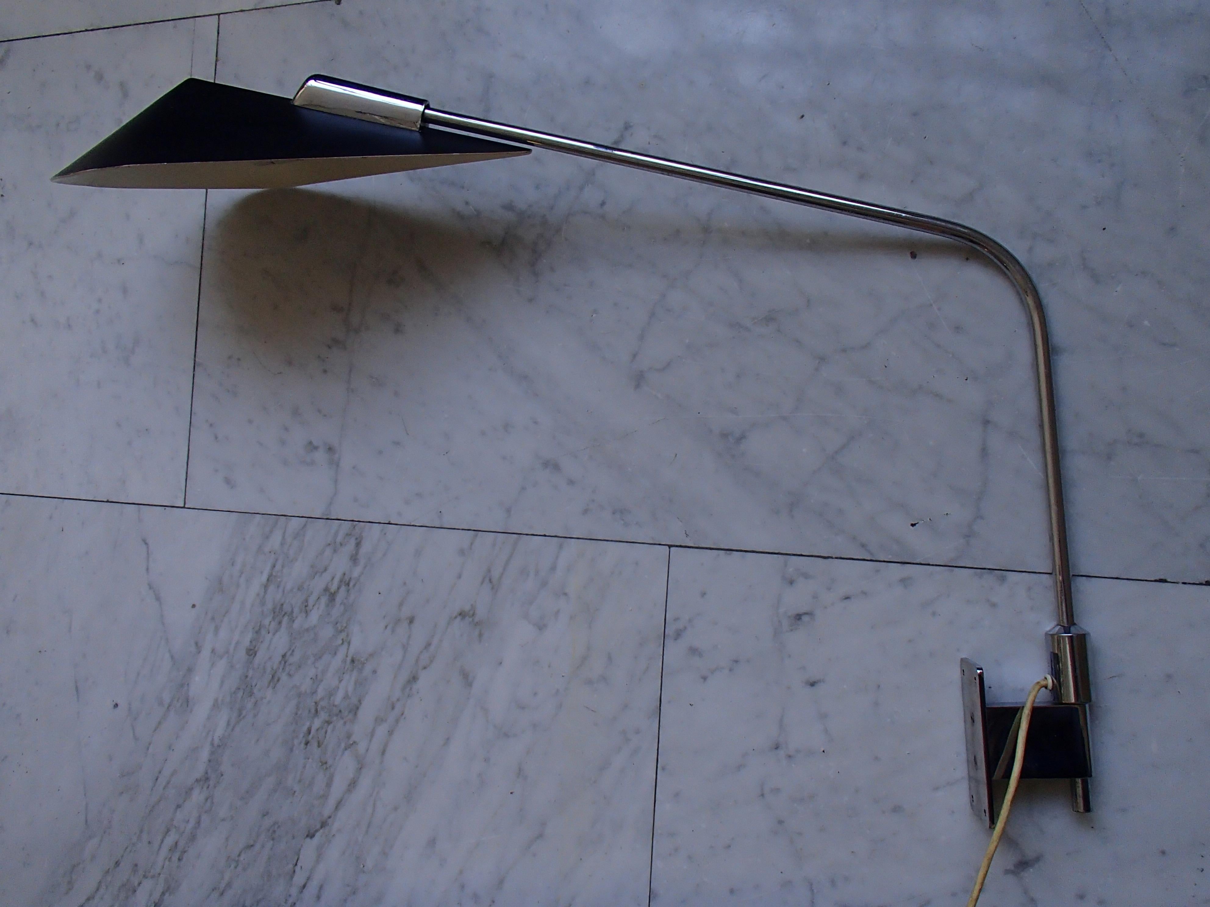 Mid-Century Modern Desk or Reading Wall Light Movable Chrome Arm and Black Shade For Sale 8