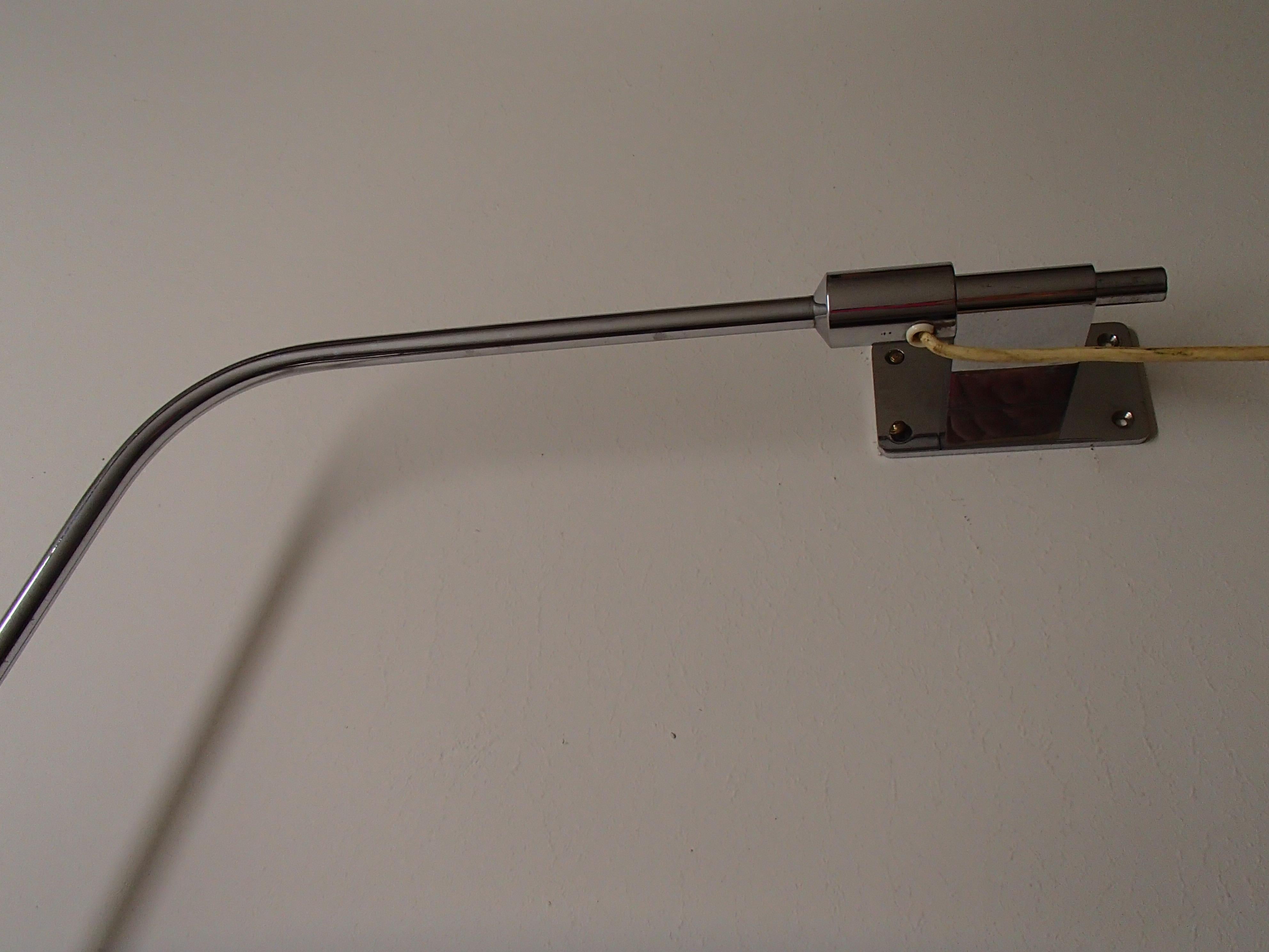 Metal Mid-Century Modern Desk or Reading Wall Light Movable Chrome Arm and Black Shade For Sale