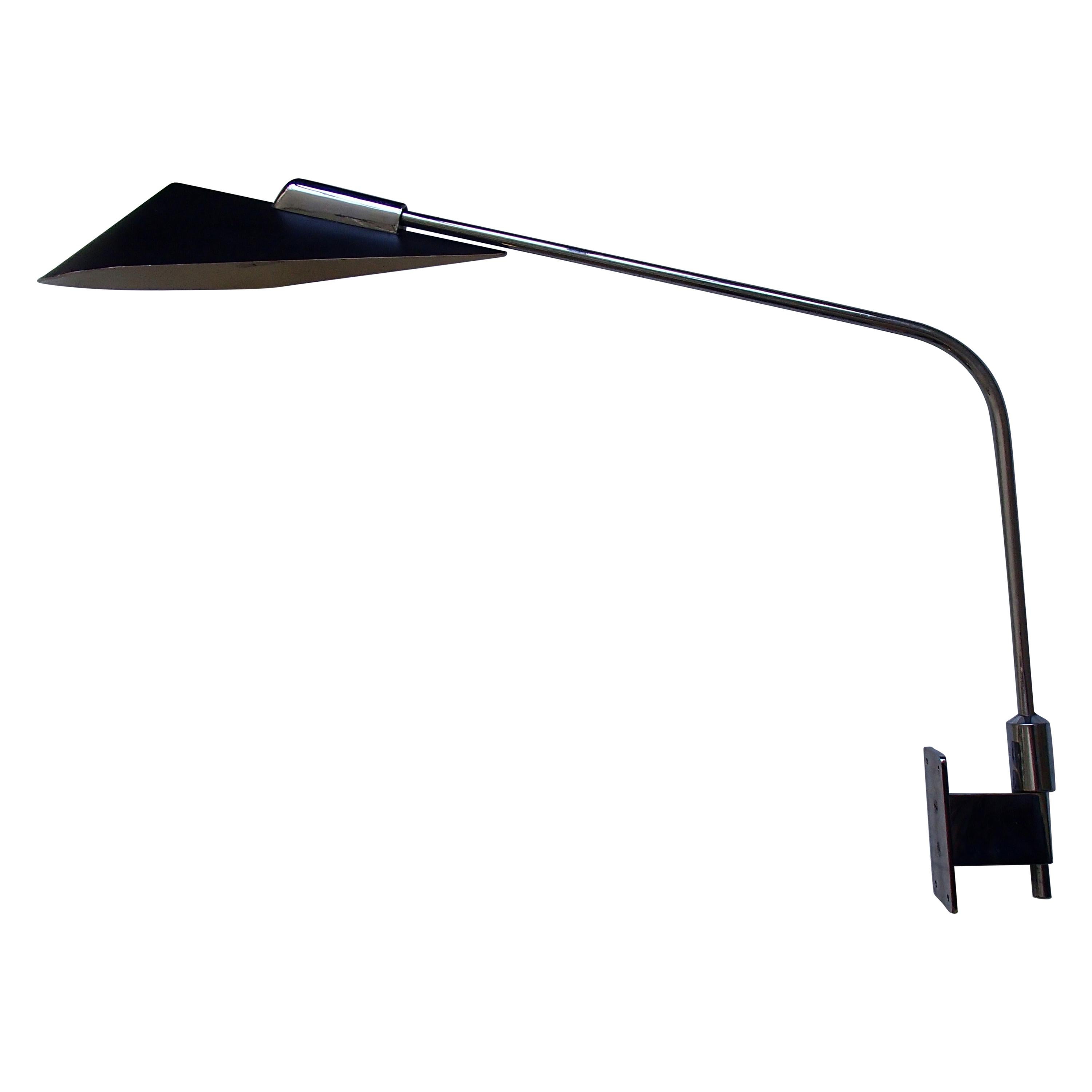 Mid-Century Modern Desk or Reading Wall Light Movable Chrome Arm and Black Shade For Sale