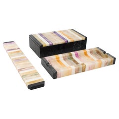 Mid-Century Modern Onyx and Marble Desk Accessory, Box, Pen Holder, Ruler, 3 pc