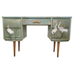 Mid-Century Modern Desk with Hand Painted Crane Scene