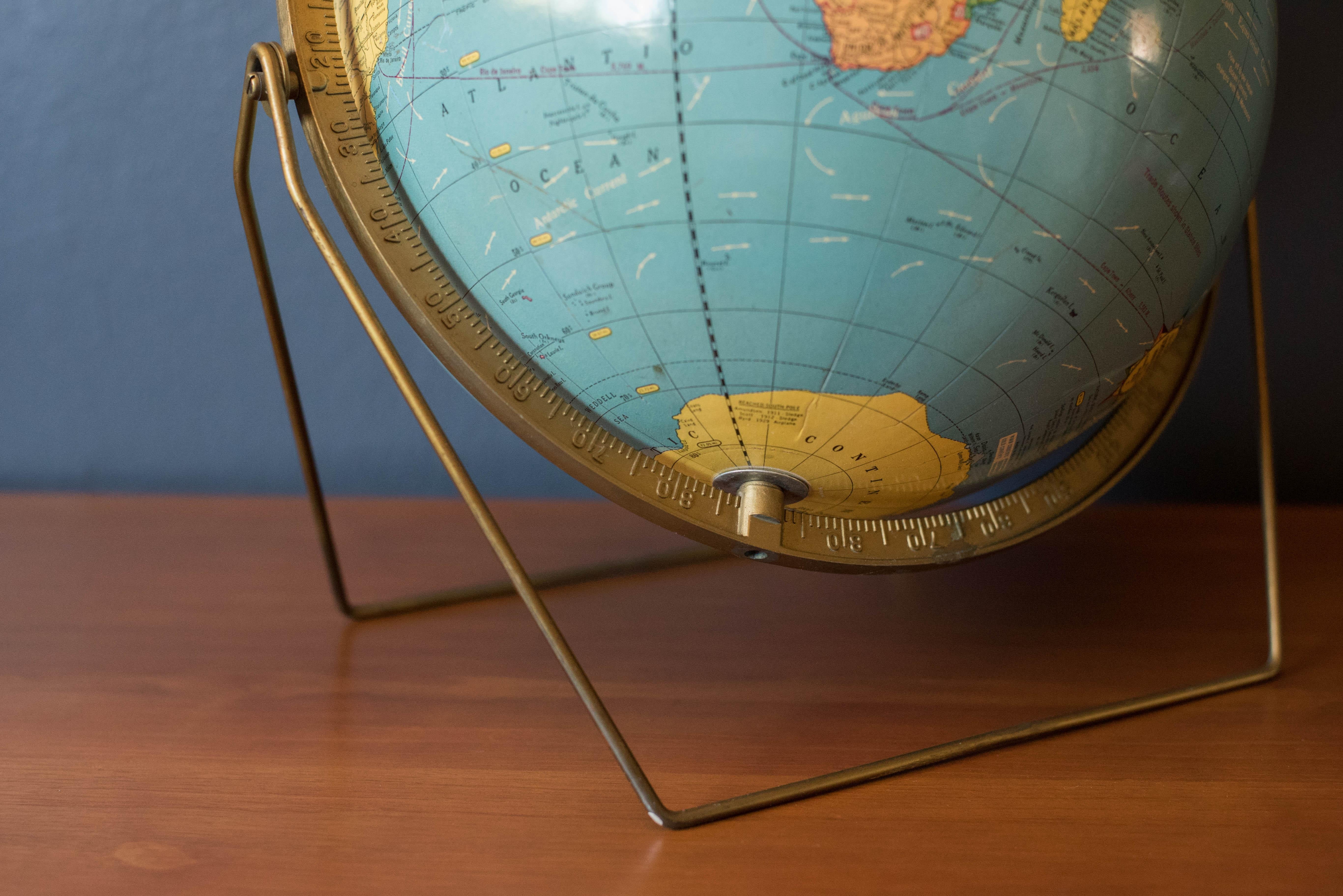 Mid-Century Modern Desktop Scholastic World Globe on Brass Stand In Good Condition In San Jose, CA