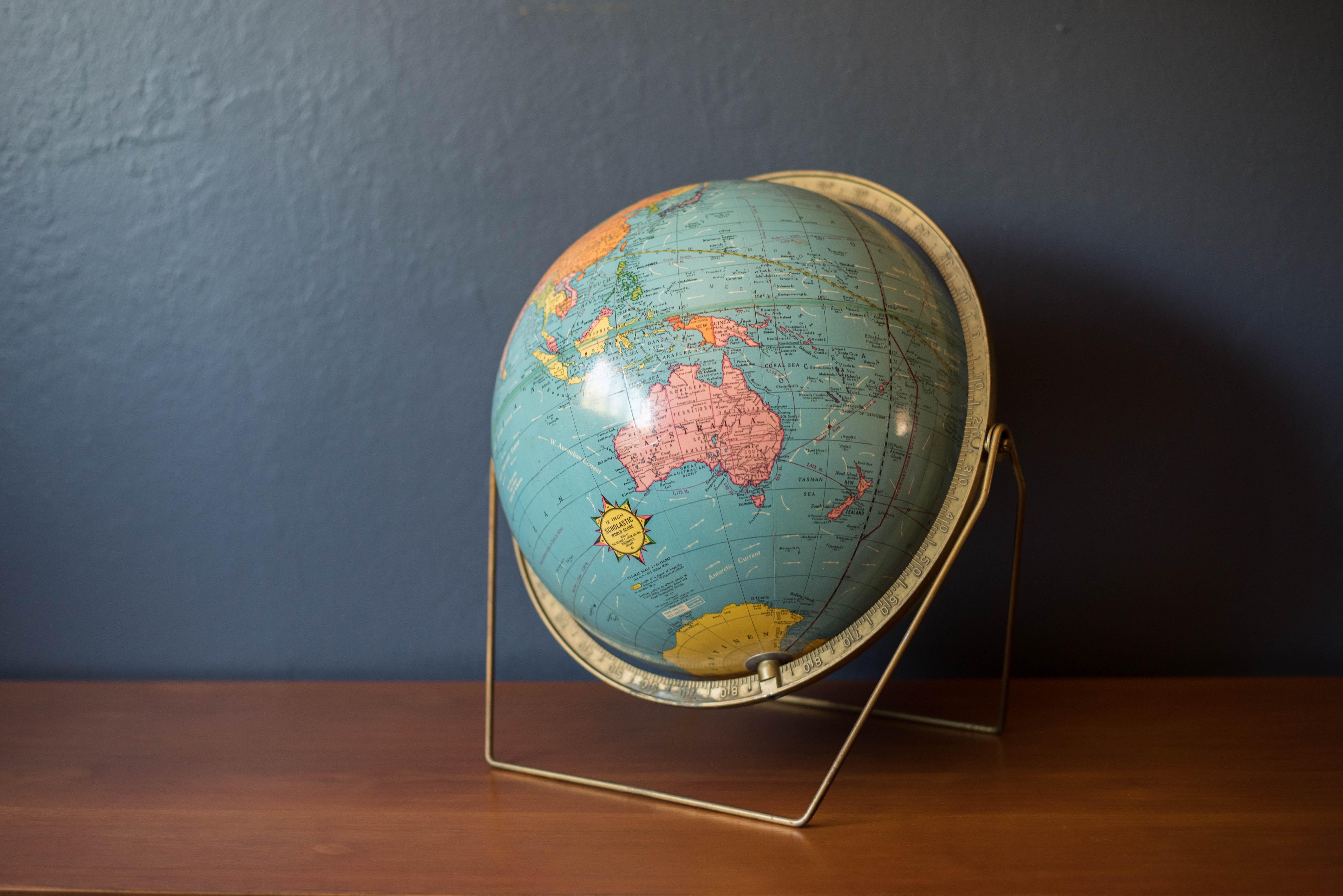 Mid-Century Modern Desktop Scholastic World Globe on Brass Stand 2