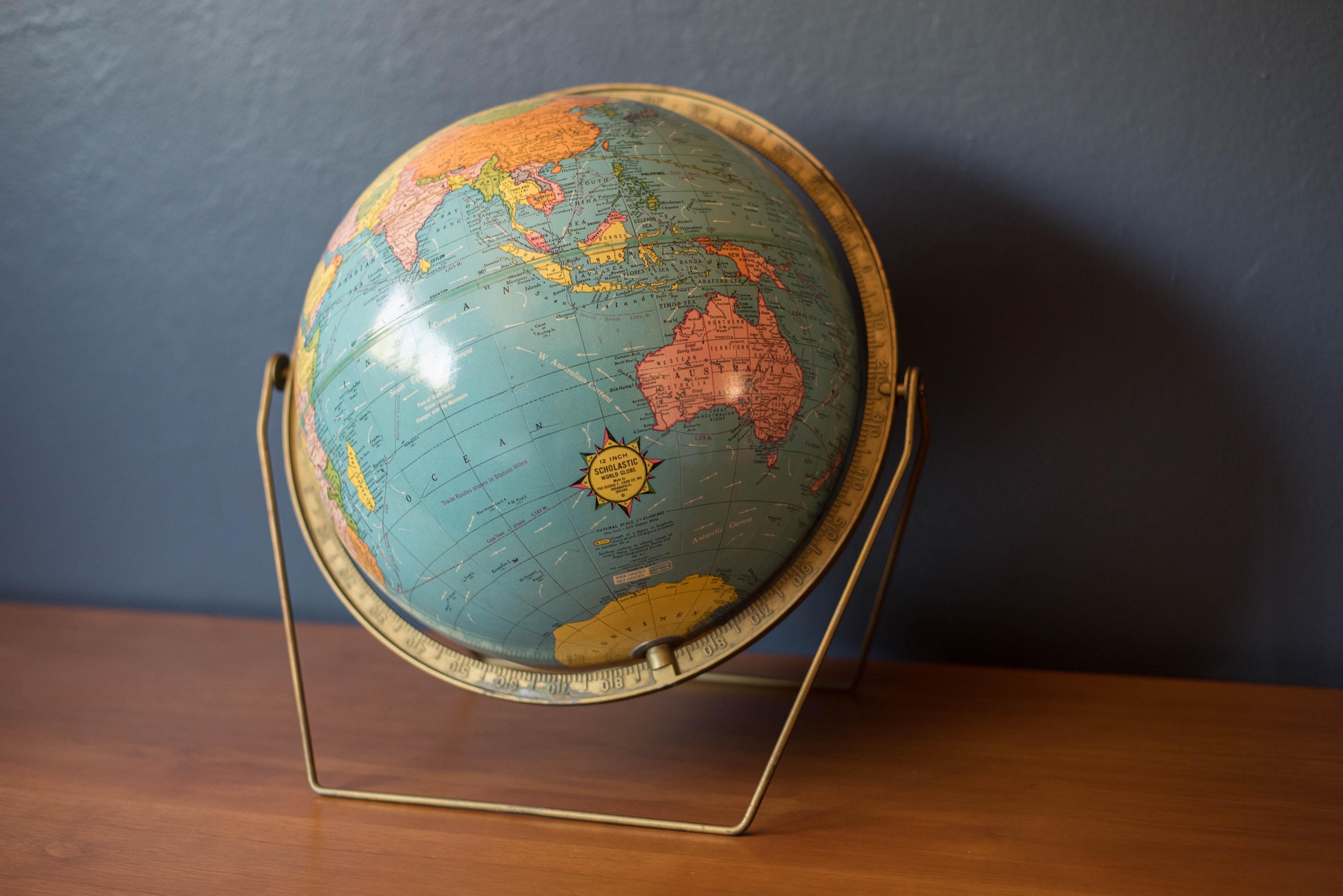 Mid-Century Modern Desktop Scholastic World Globe on Brass Stand 3