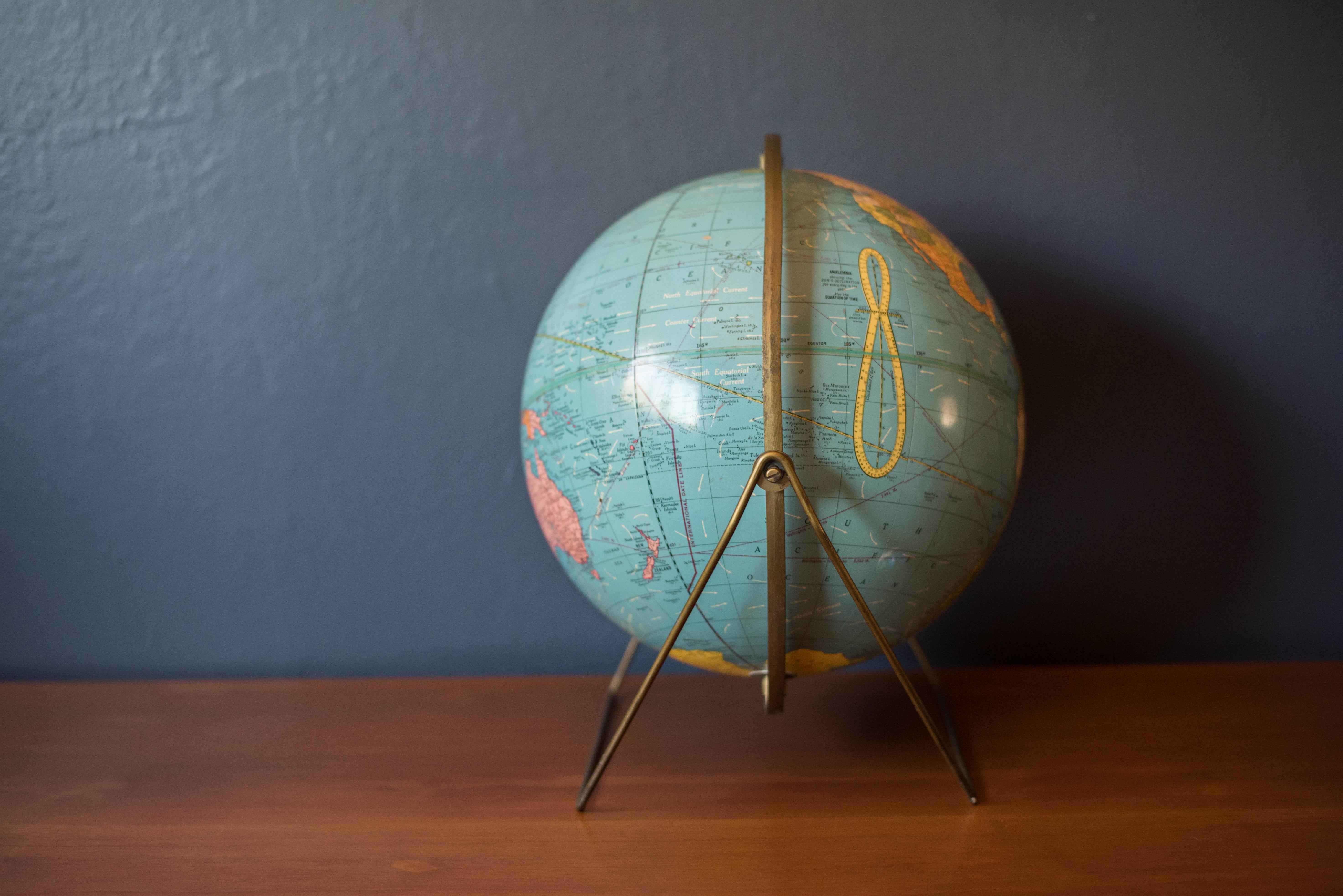 Mid-Century Modern Desktop Scholastic World Globe on Brass Stand 4