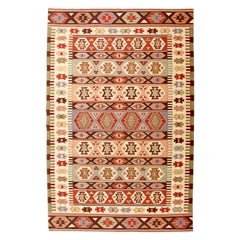 Mid-Century Modern Dhurrie Rectangular Area Rug Carpet Red Green Brown